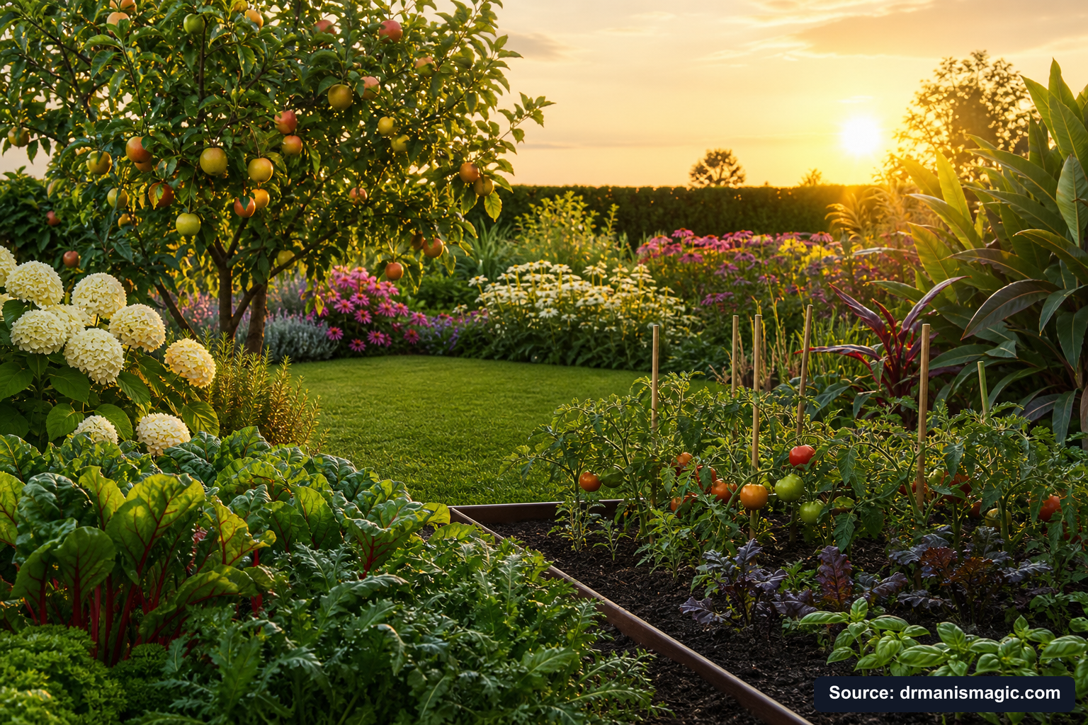 Healthy, well-fed garden plants thriving in golden light
