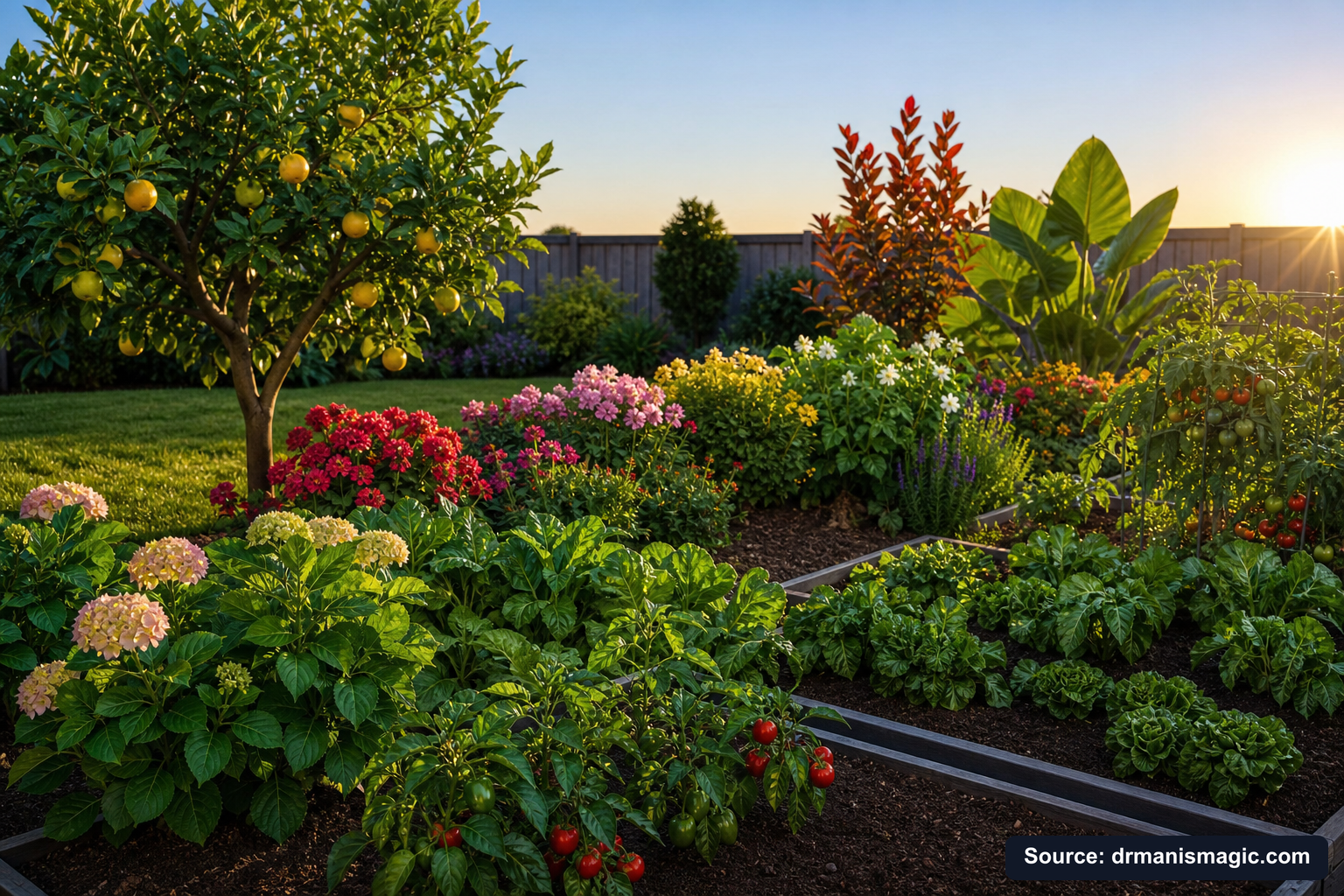 Healthy, well-fed garden plants thriving in golden light