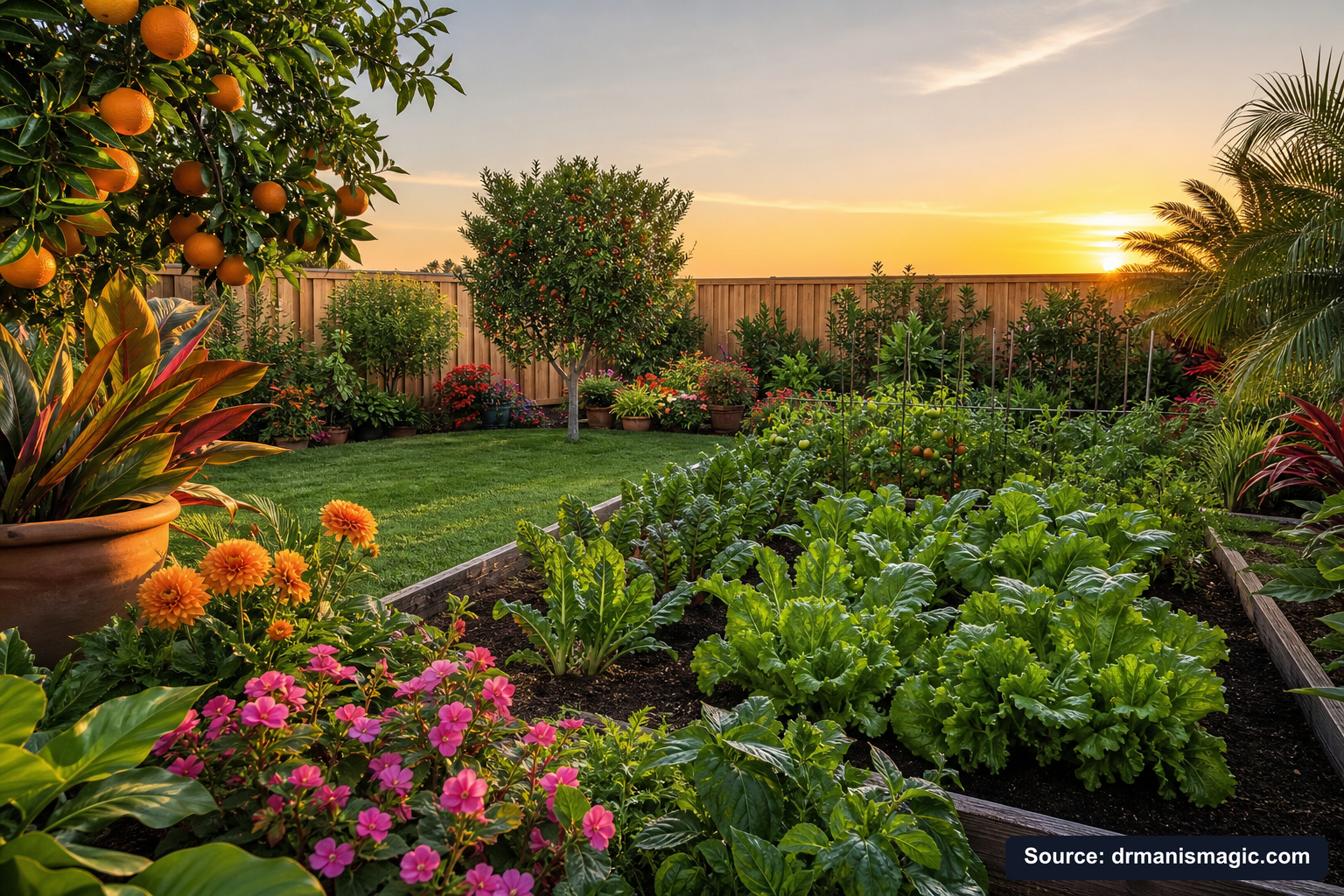 Healthy, well-fed garden plants thriving in golden light