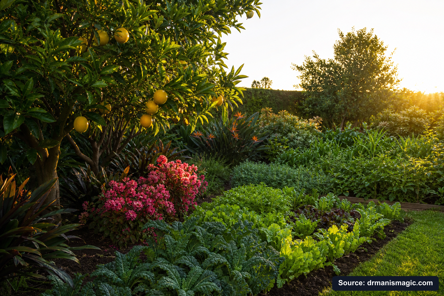 Healthy, well-fed garden plants thriving in golden light