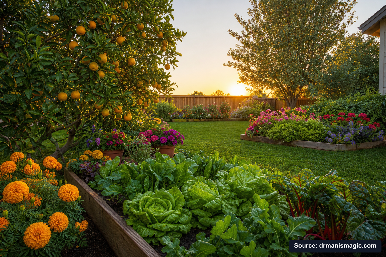 Healthy, well-fed garden plants thriving in golden light
