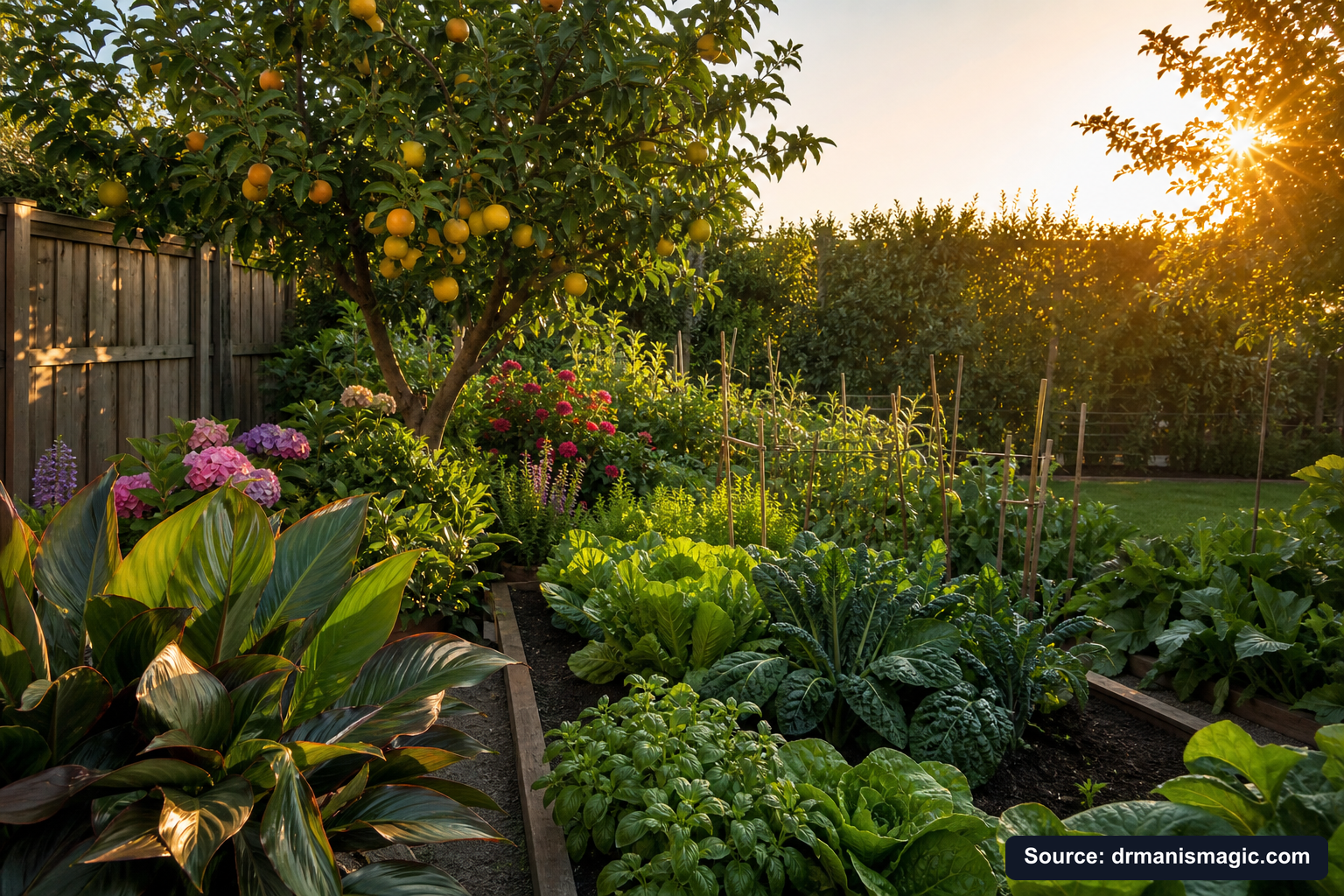 Healthy, well-fed garden plants thriving in golden light