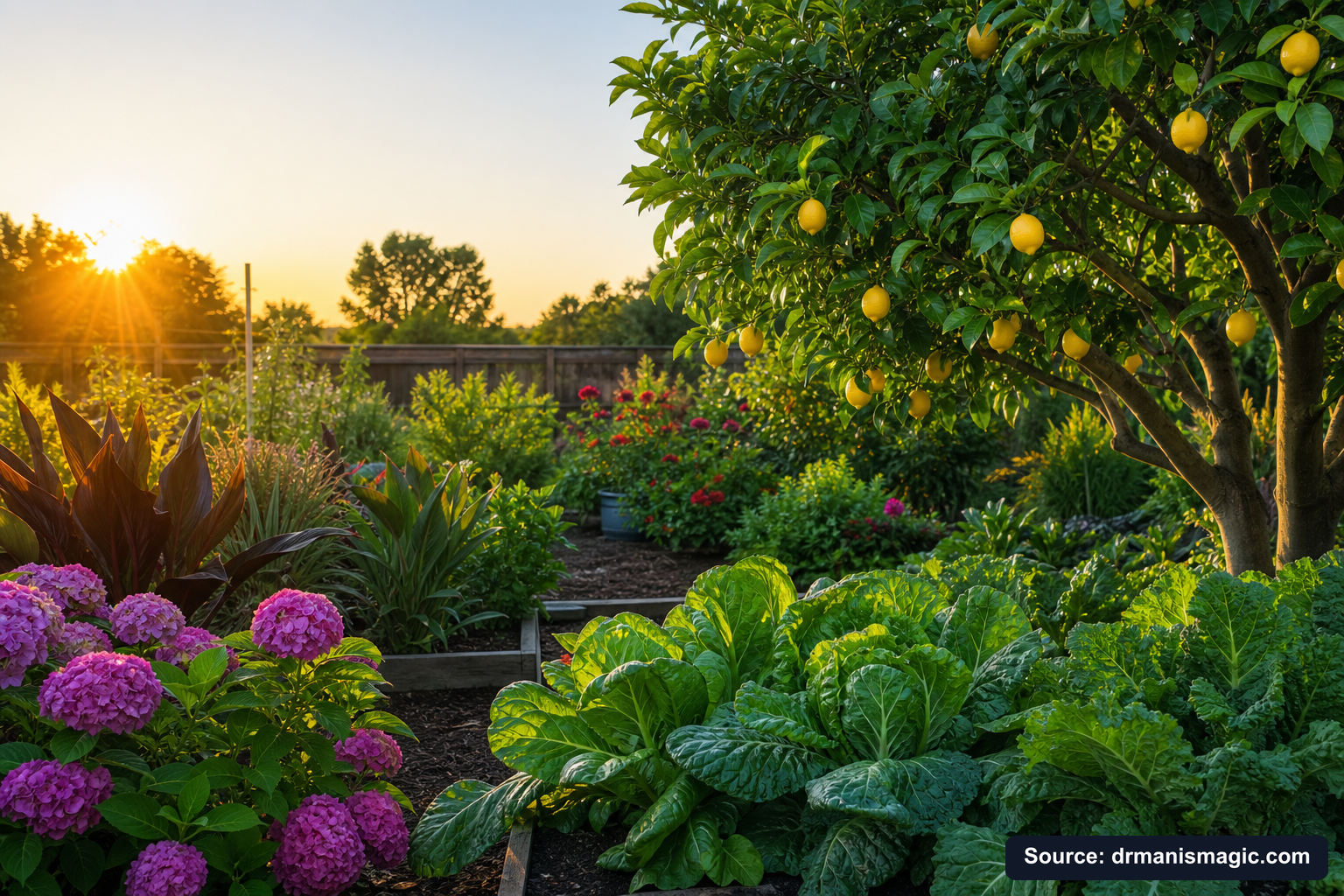 Healthy, well-fed garden plants thriving in golden light
