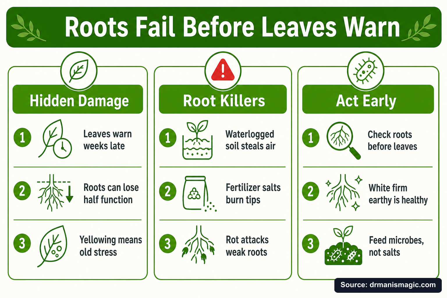 Roots Fail Before Leaves Warn infographic