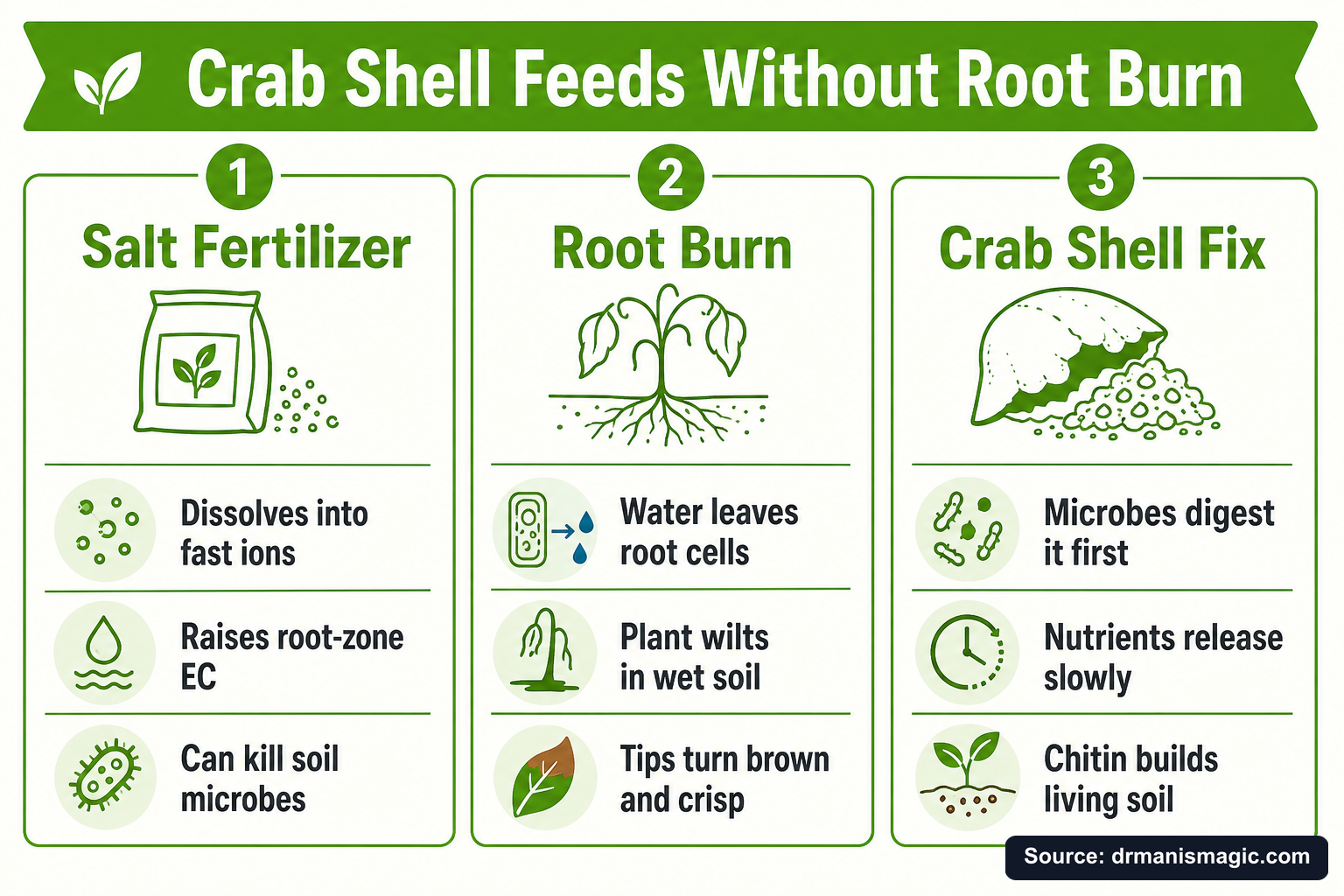 Crab Shell Feeds Without Root Burn infographic