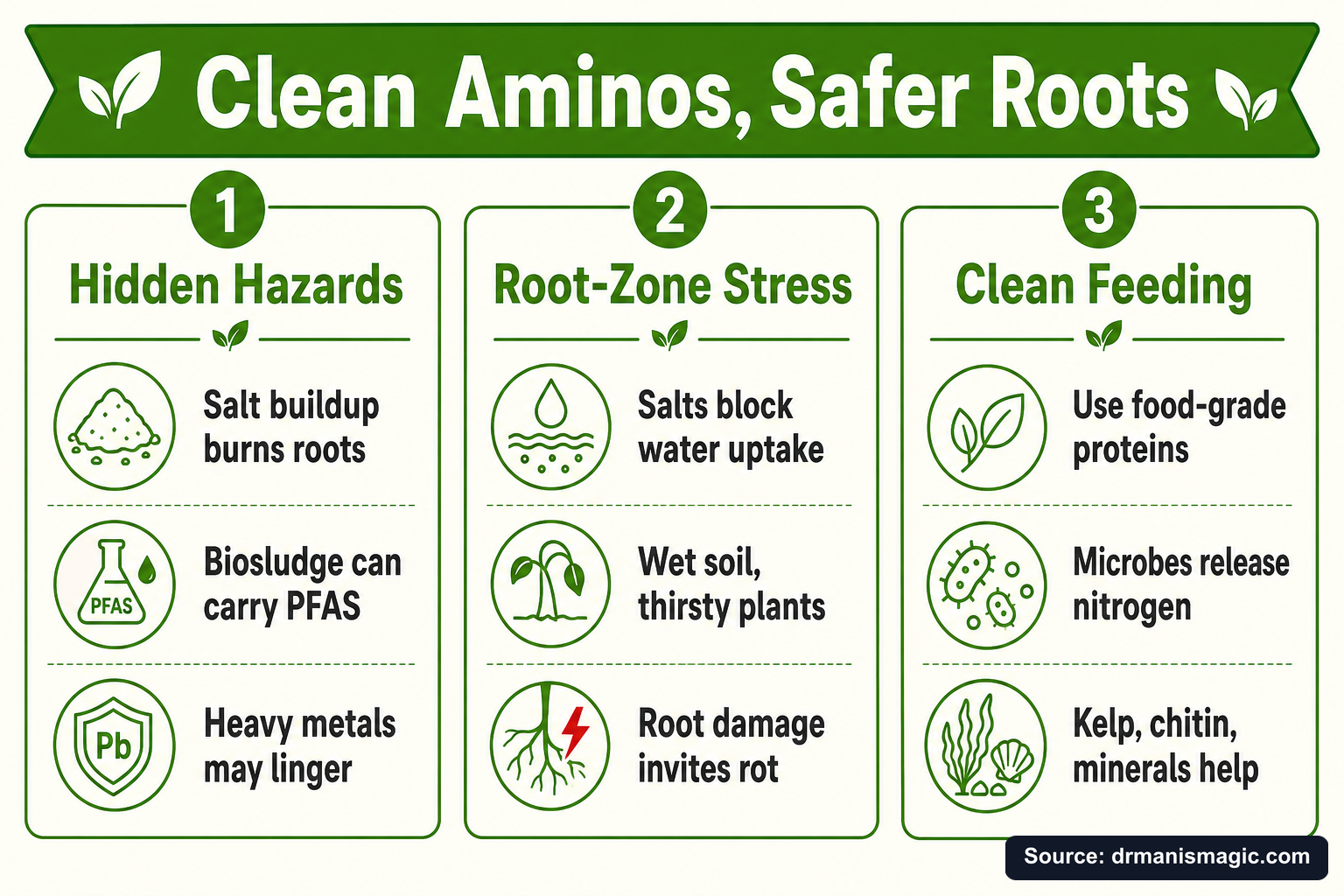 Clean Aminos, Safer Roots infographic