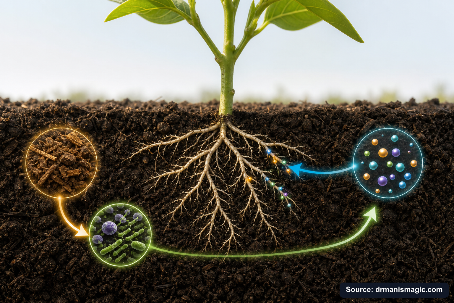 Scientific diagram of the soil nutrient cycle around plant roots