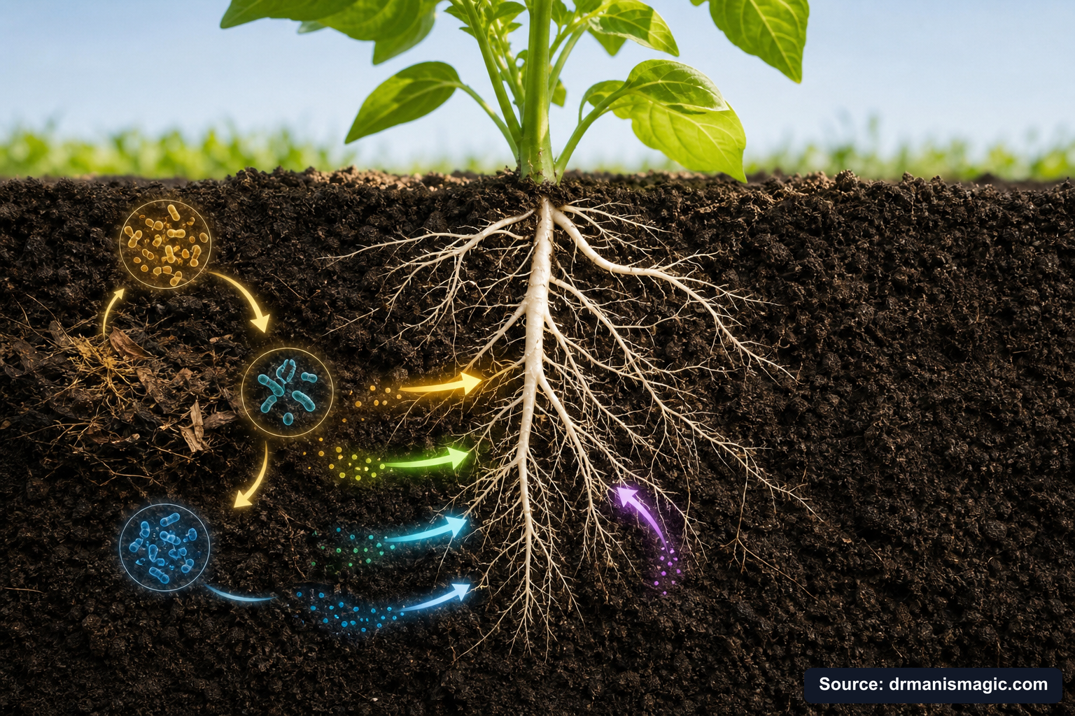 Scientific diagram of the soil nutrient cycle around plant roots