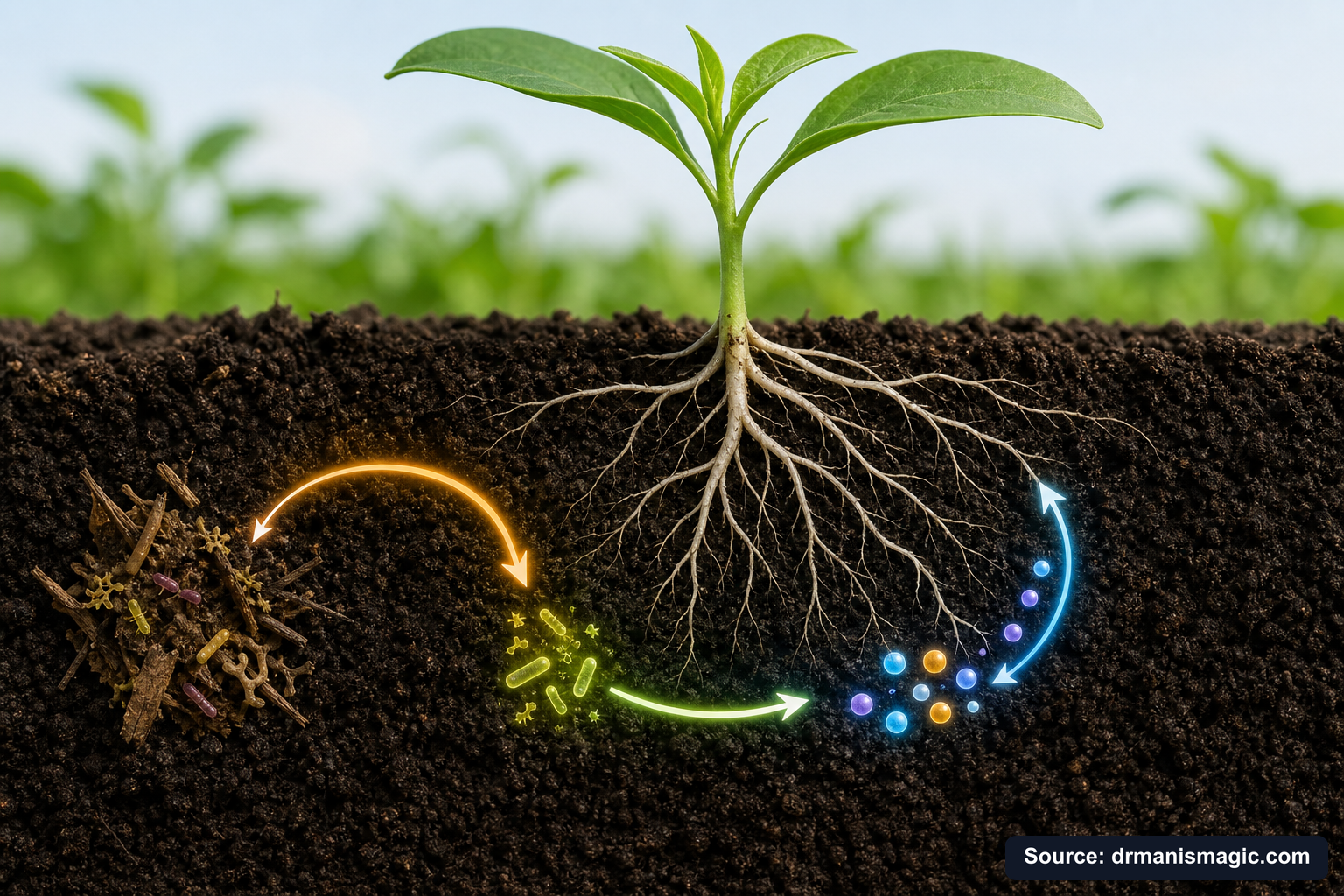 Scientific diagram of the soil nutrient cycle around plant roots