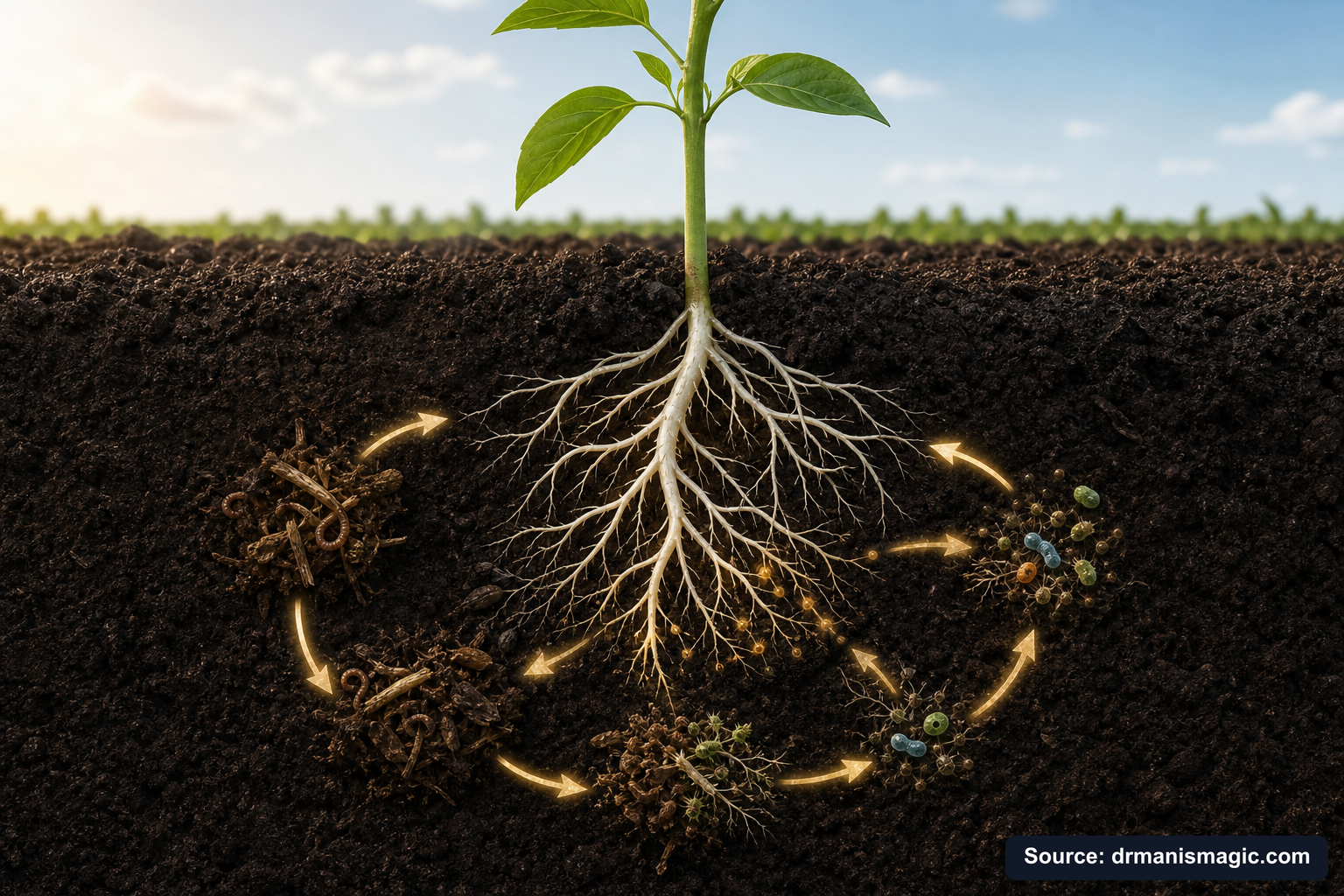 Scientific diagram of the soil nutrient cycle around plant roots