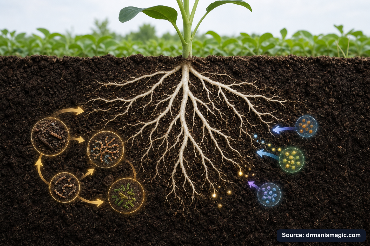 Scientific diagram of the soil nutrient cycle around plant roots