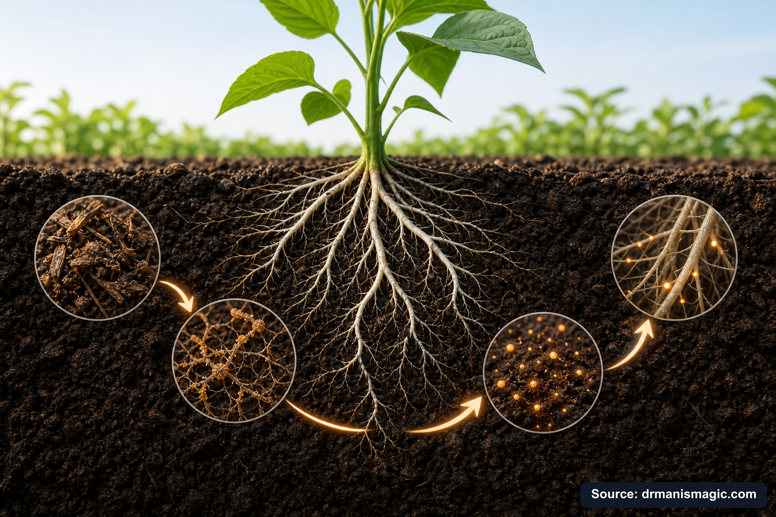 Scientific diagram of the soil nutrient cycle around plant roots