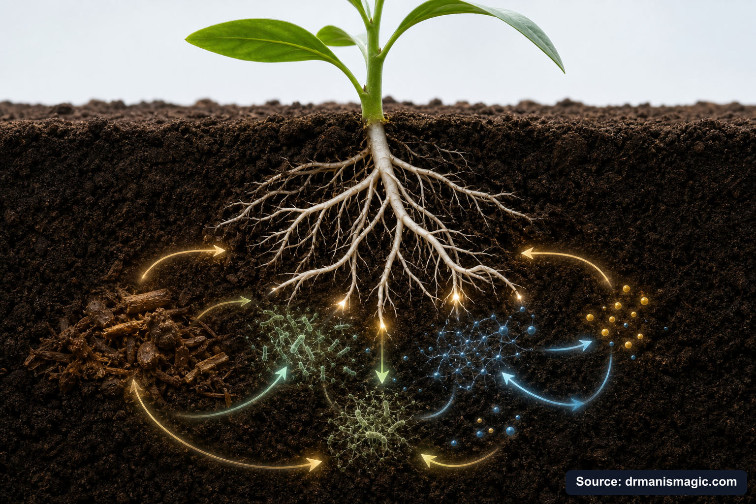 Scientific diagram of the soil nutrient cycle around plant roots