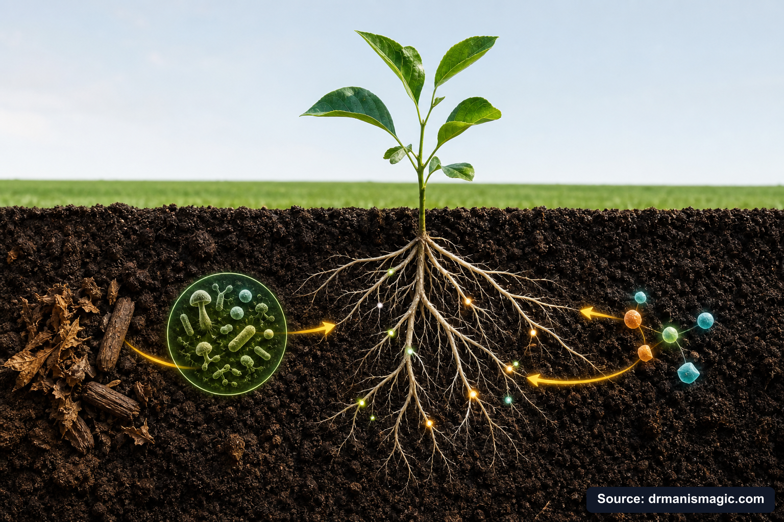 Scientific diagram of the soil nutrient cycle around plant roots