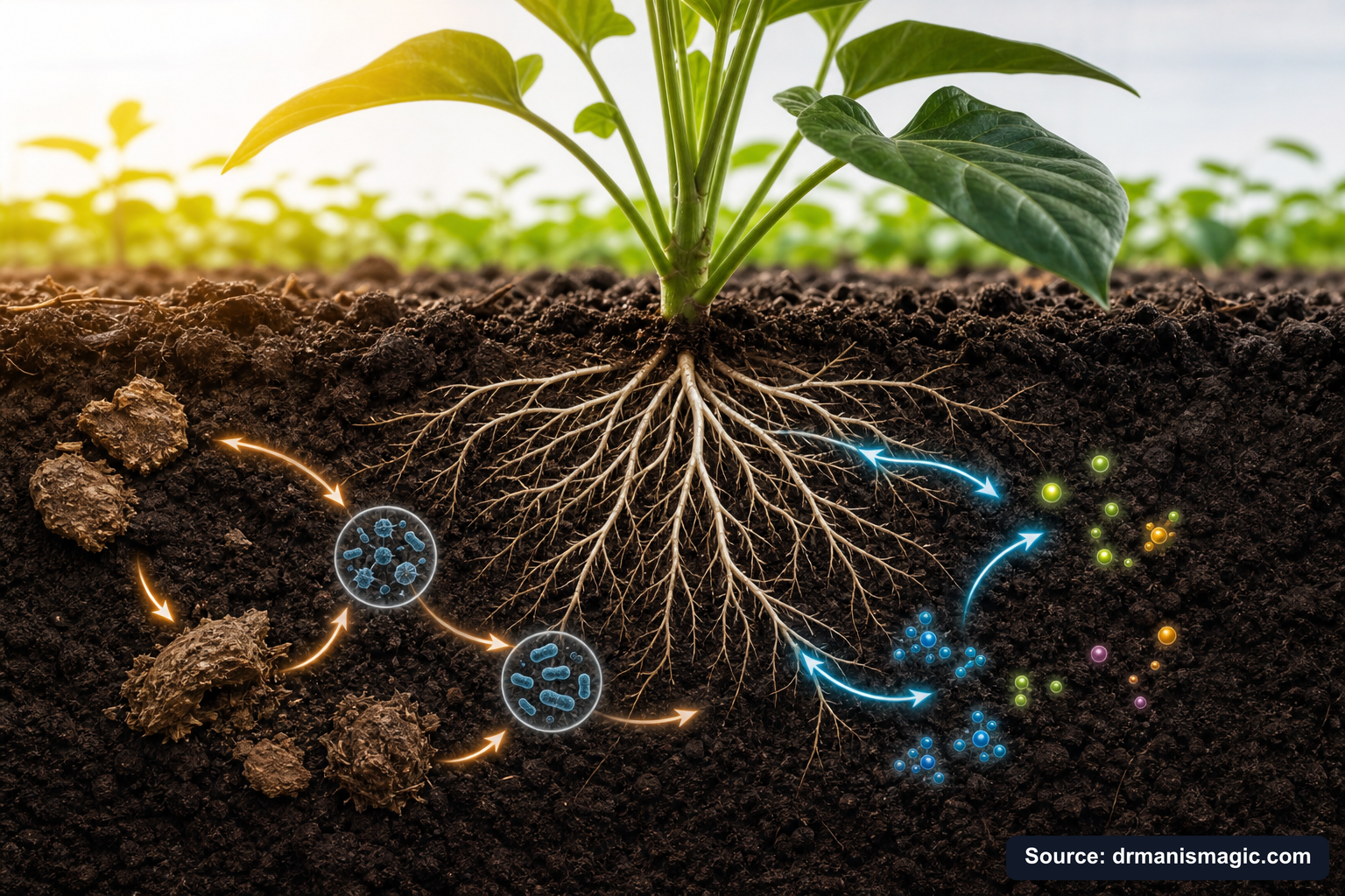Scientific diagram of the soil nutrient cycle around plant roots
