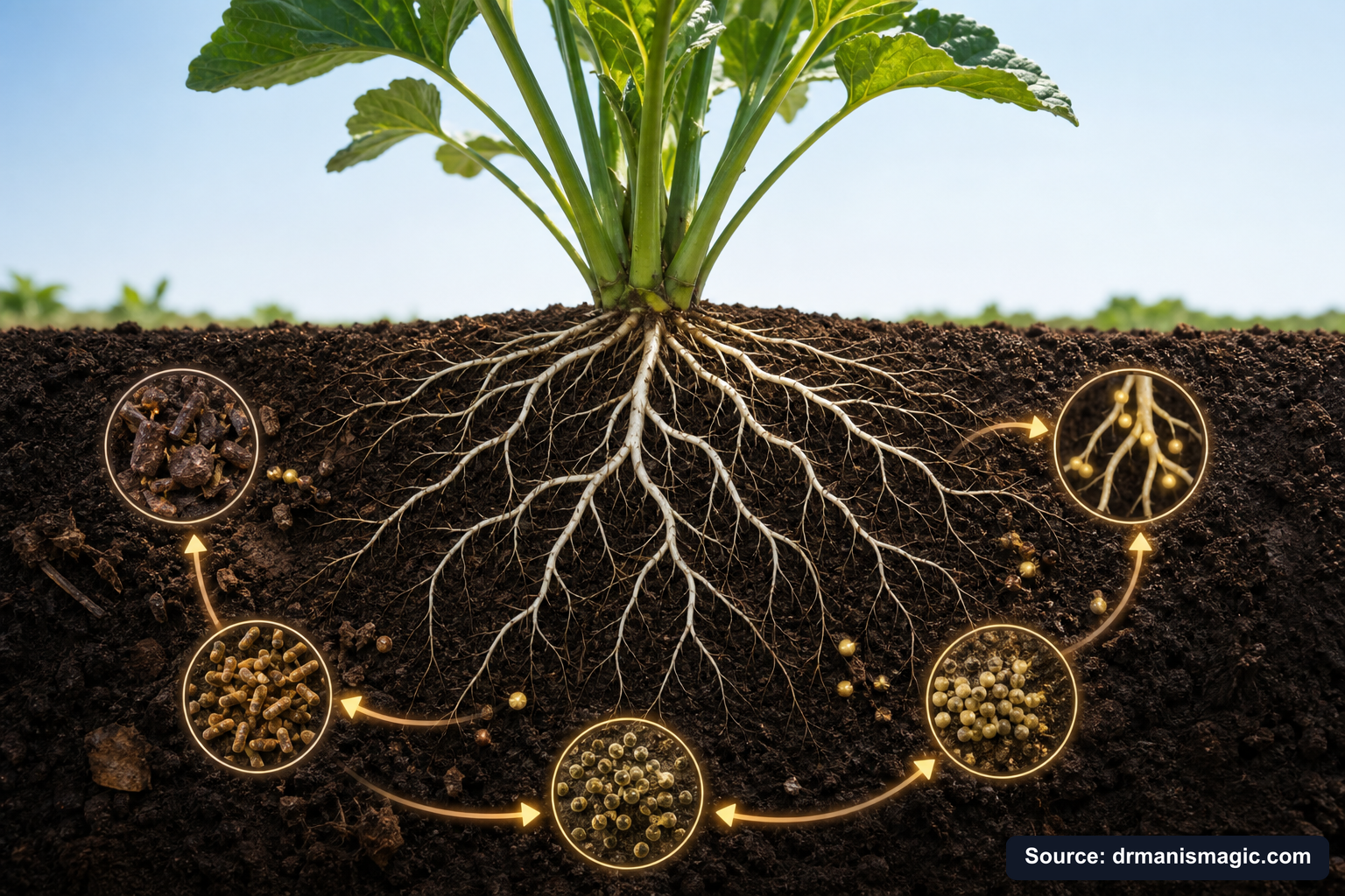 Scientific diagram of the soil nutrient cycle around plant roots