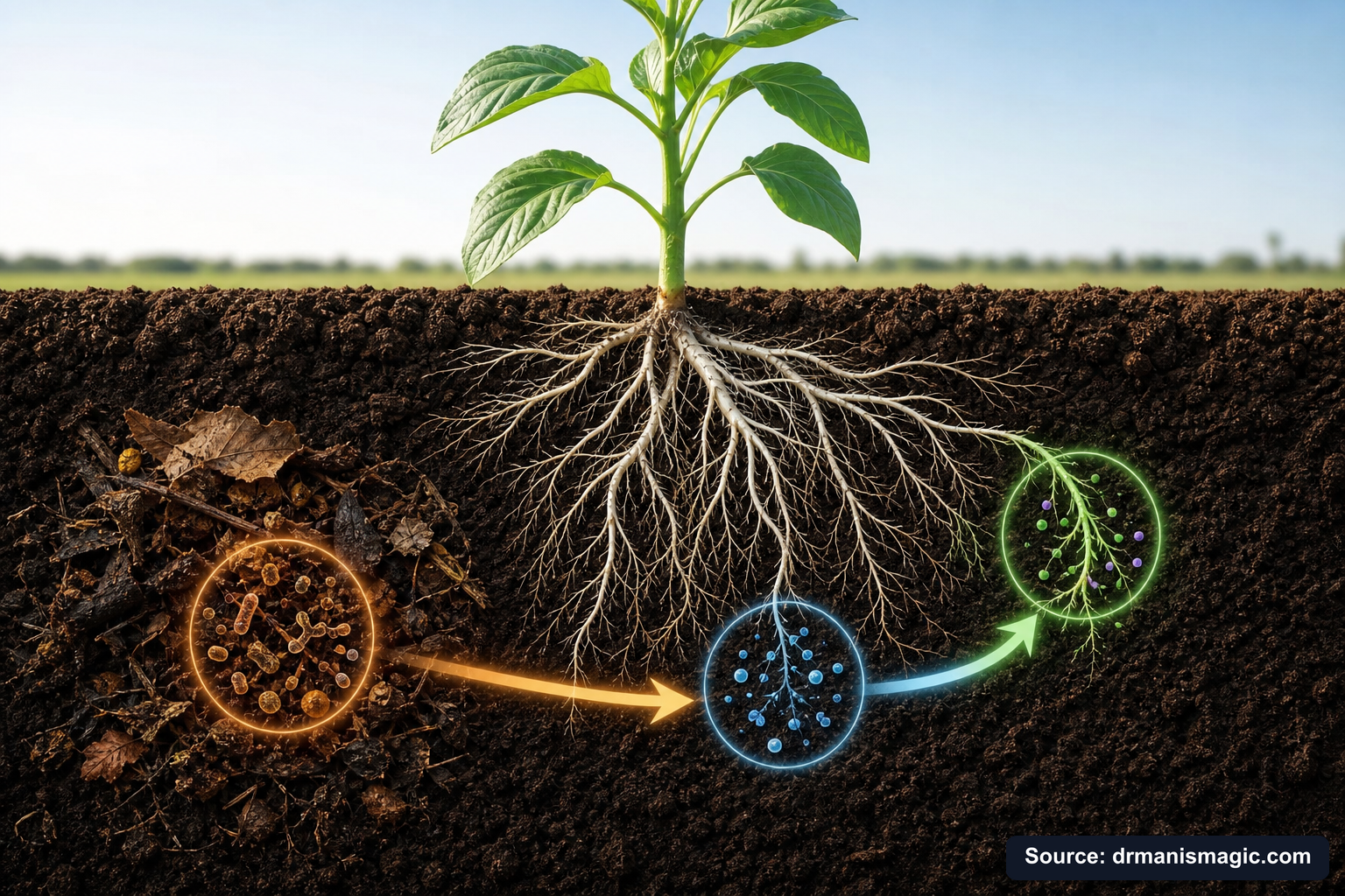 Scientific diagram of the soil nutrient cycle around plant roots