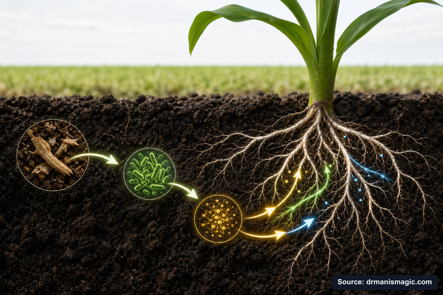 Scientific diagram of the soil nutrient cycle around plant roots