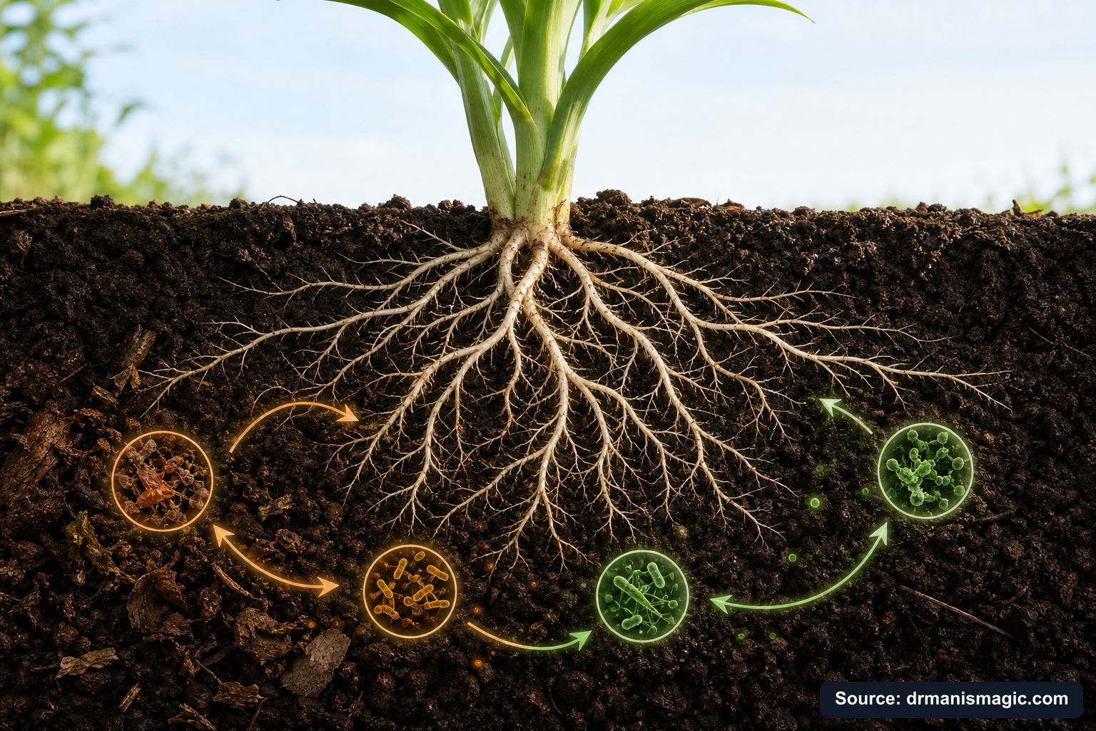 Scientific diagram of the soil nutrient cycle around plant roots