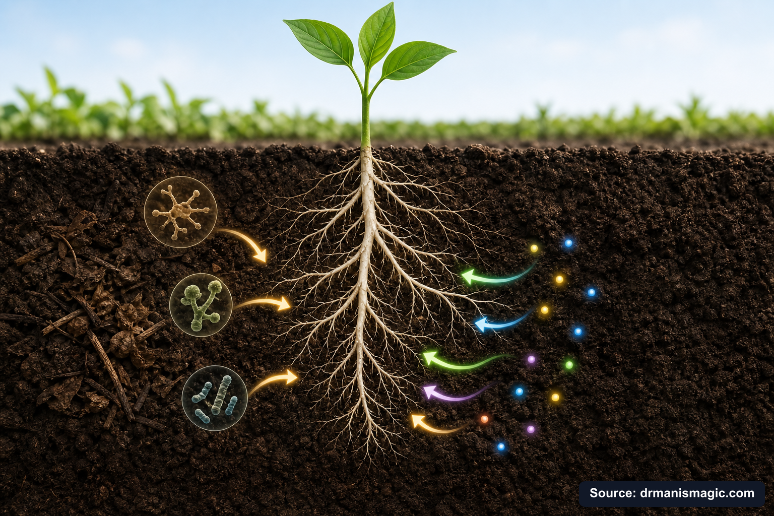 Scientific diagram of the soil nutrient cycle around plant roots