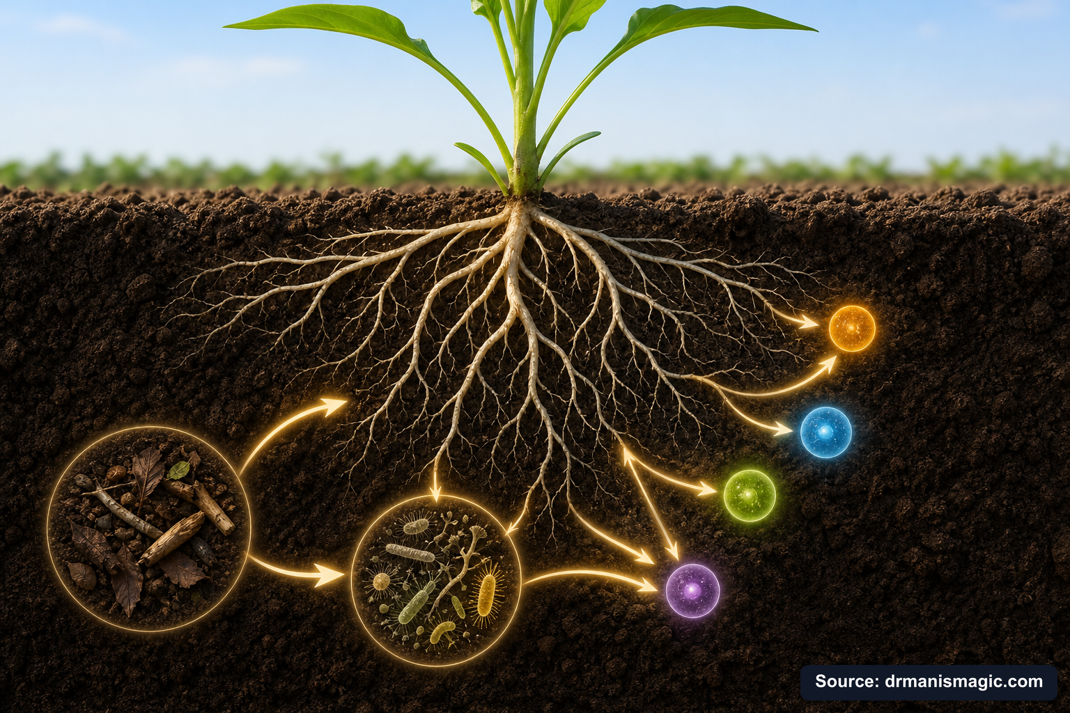 Scientific diagram of the soil nutrient cycle around plant roots
