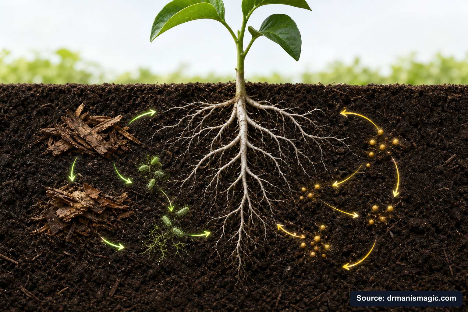 Scientific diagram of the soil nutrient cycle around plant roots