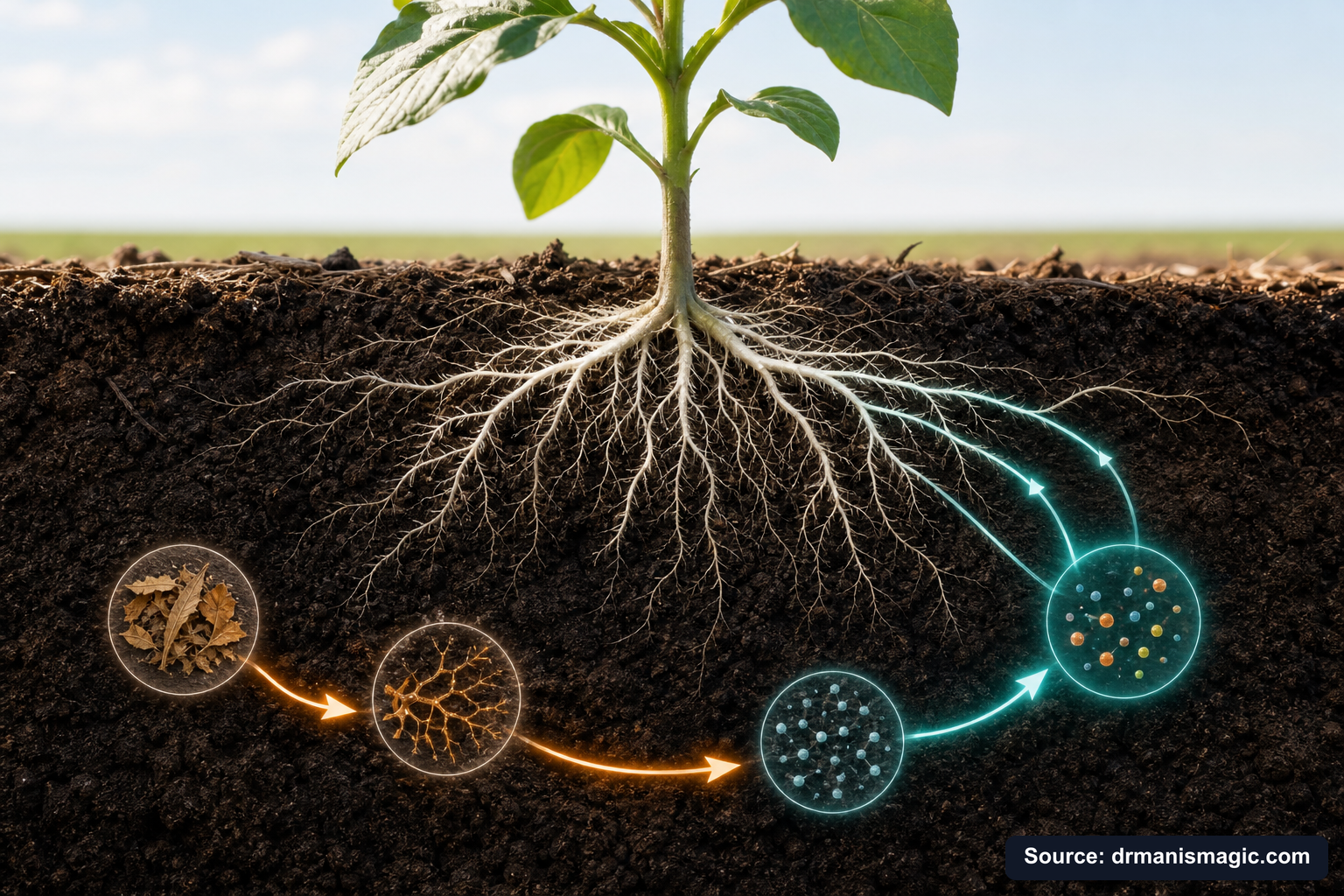 Scientific diagram of the soil nutrient cycle around plant roots