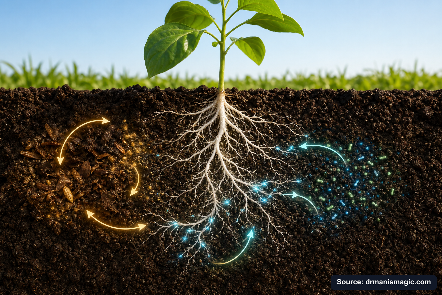 Scientific diagram of the soil nutrient cycle around plant roots