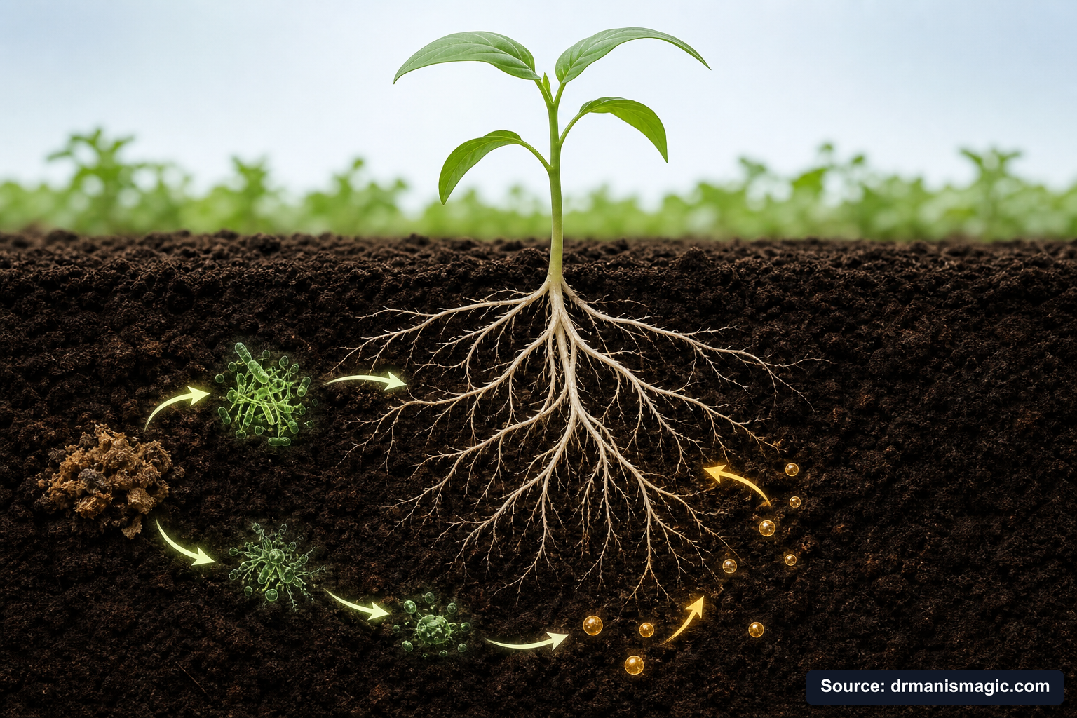 Scientific diagram of the soil nutrient cycle around plant roots