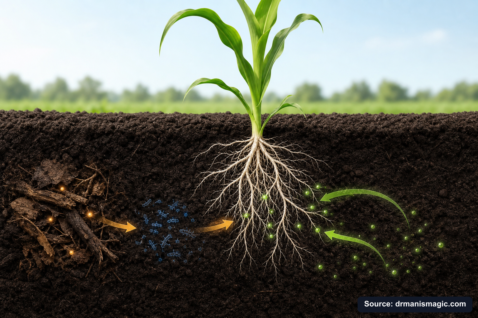 Scientific diagram of the soil nutrient cycle around plant roots