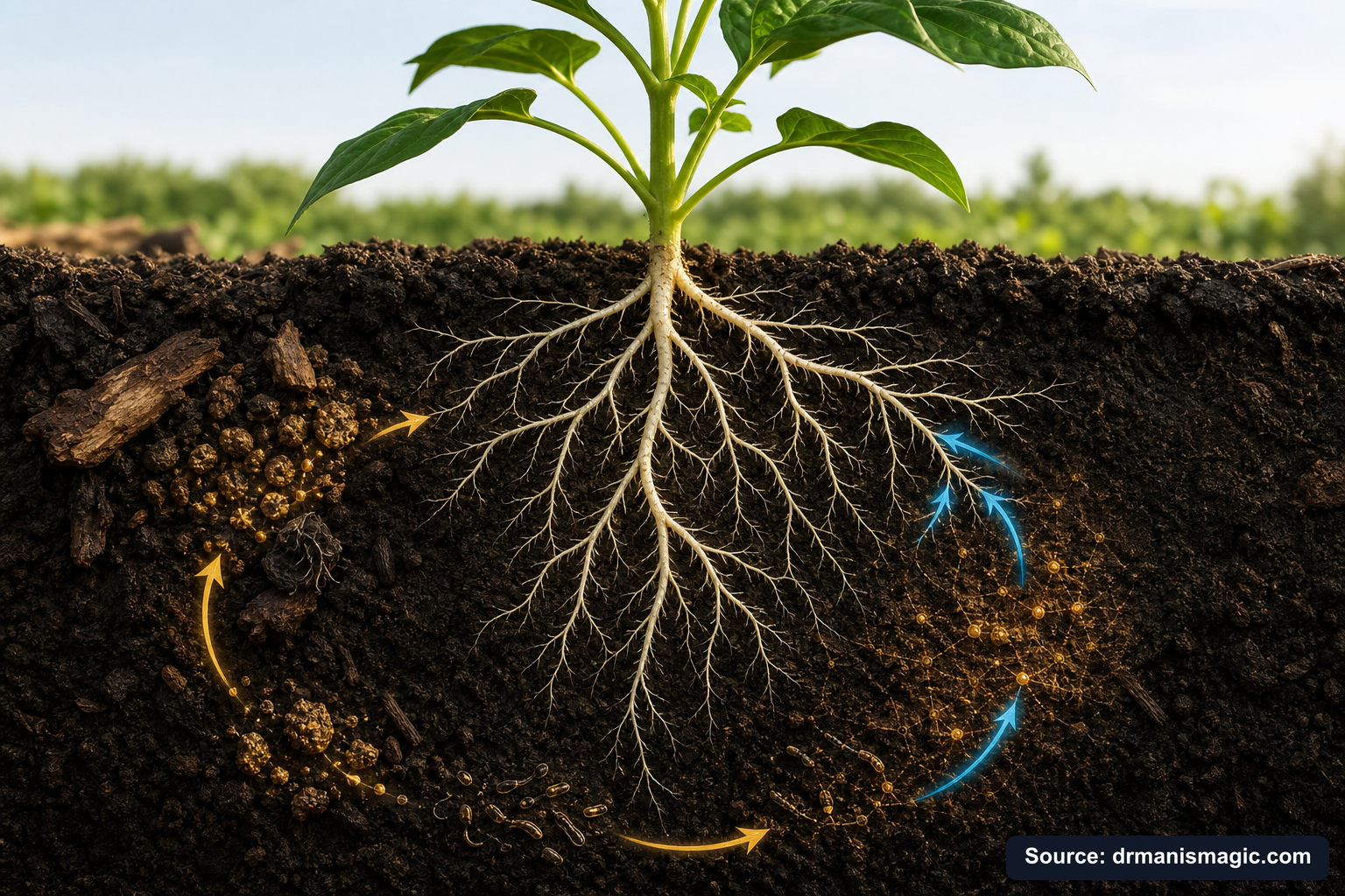 Scientific diagram of the soil nutrient cycle around plant roots