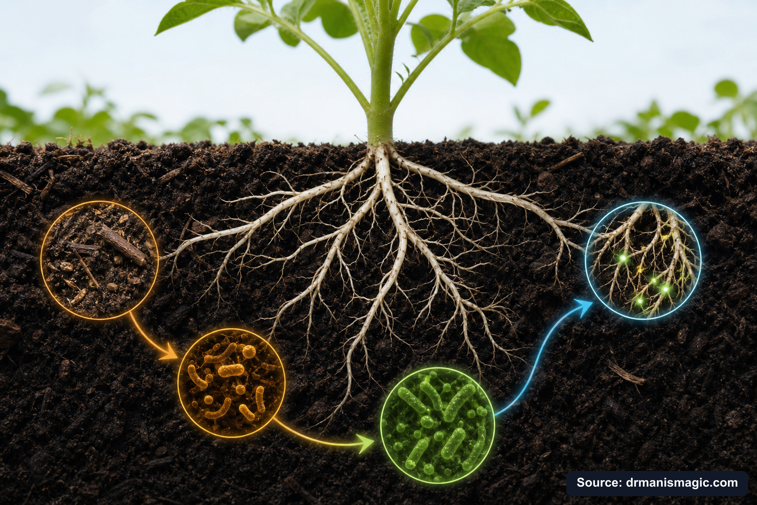 Scientific diagram of the soil nutrient cycle around plant roots