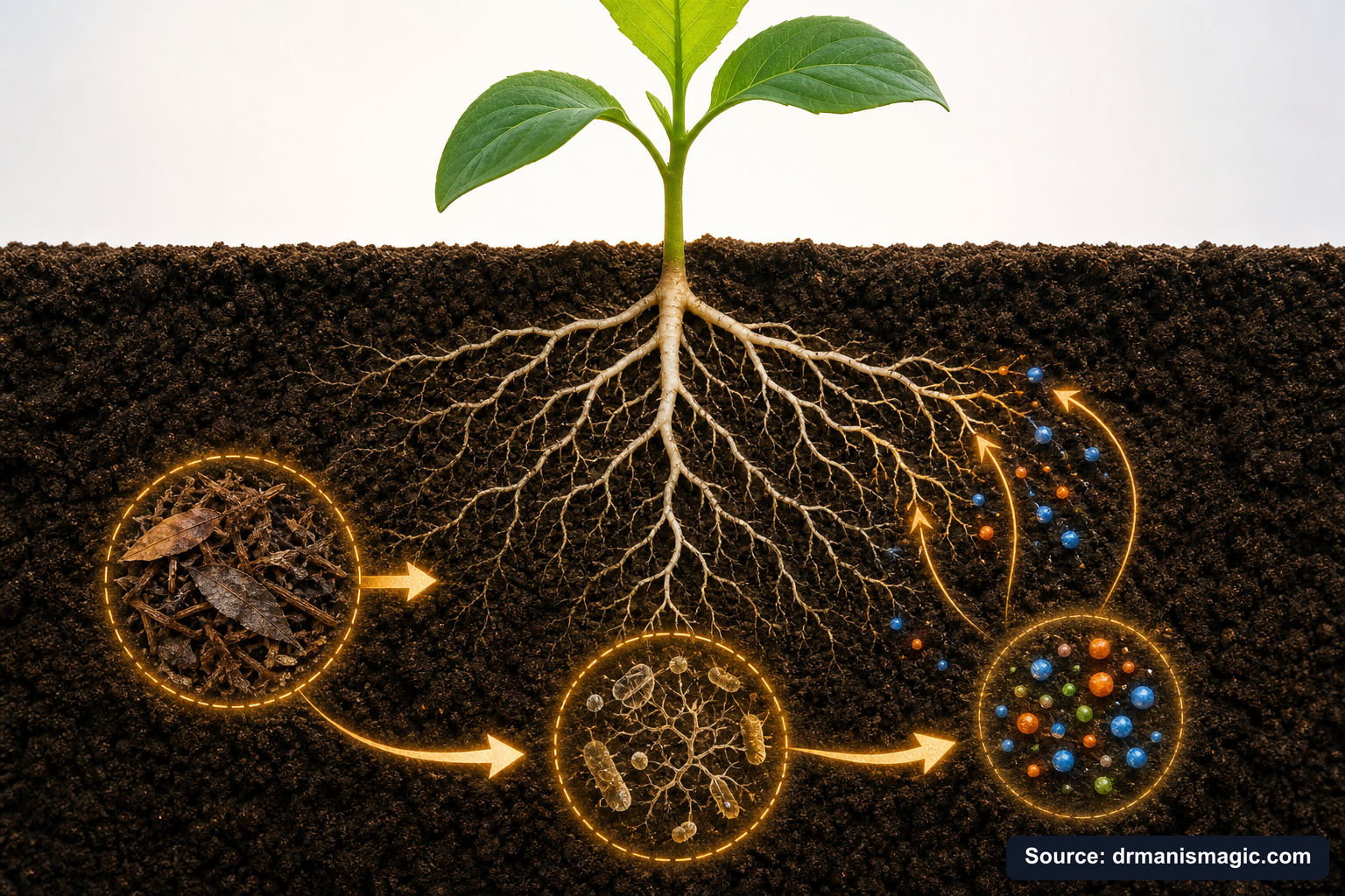 Scientific diagram of the soil nutrient cycle around plant roots