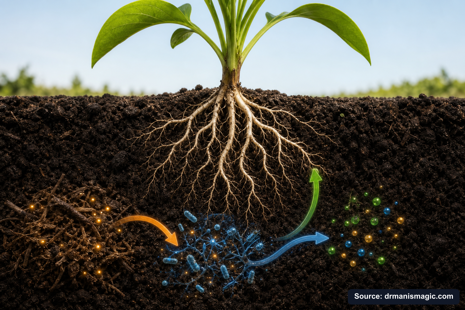 Scientific diagram of the soil nutrient cycle around plant roots