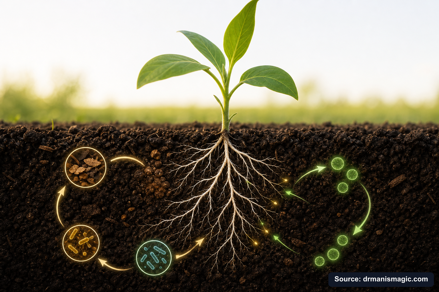 Scientific diagram of the soil nutrient cycle around plant roots