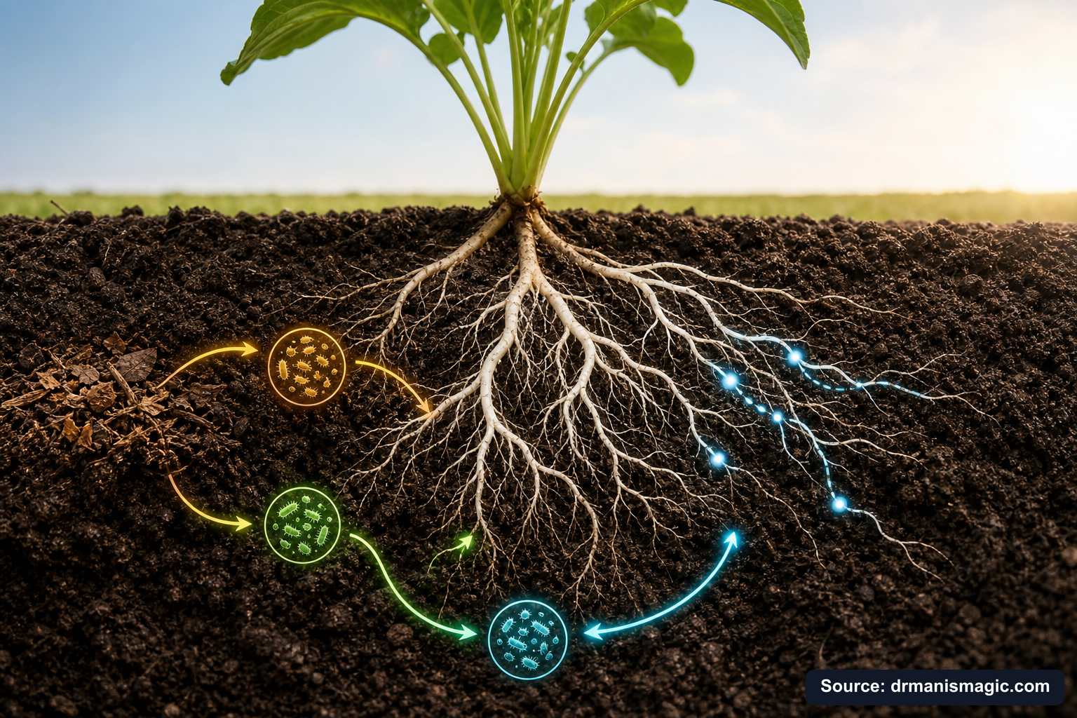Scientific diagram of the soil nutrient cycle around plant roots