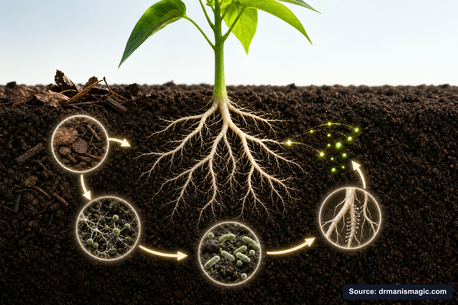 Scientific diagram of the soil nutrient cycle around plant roots