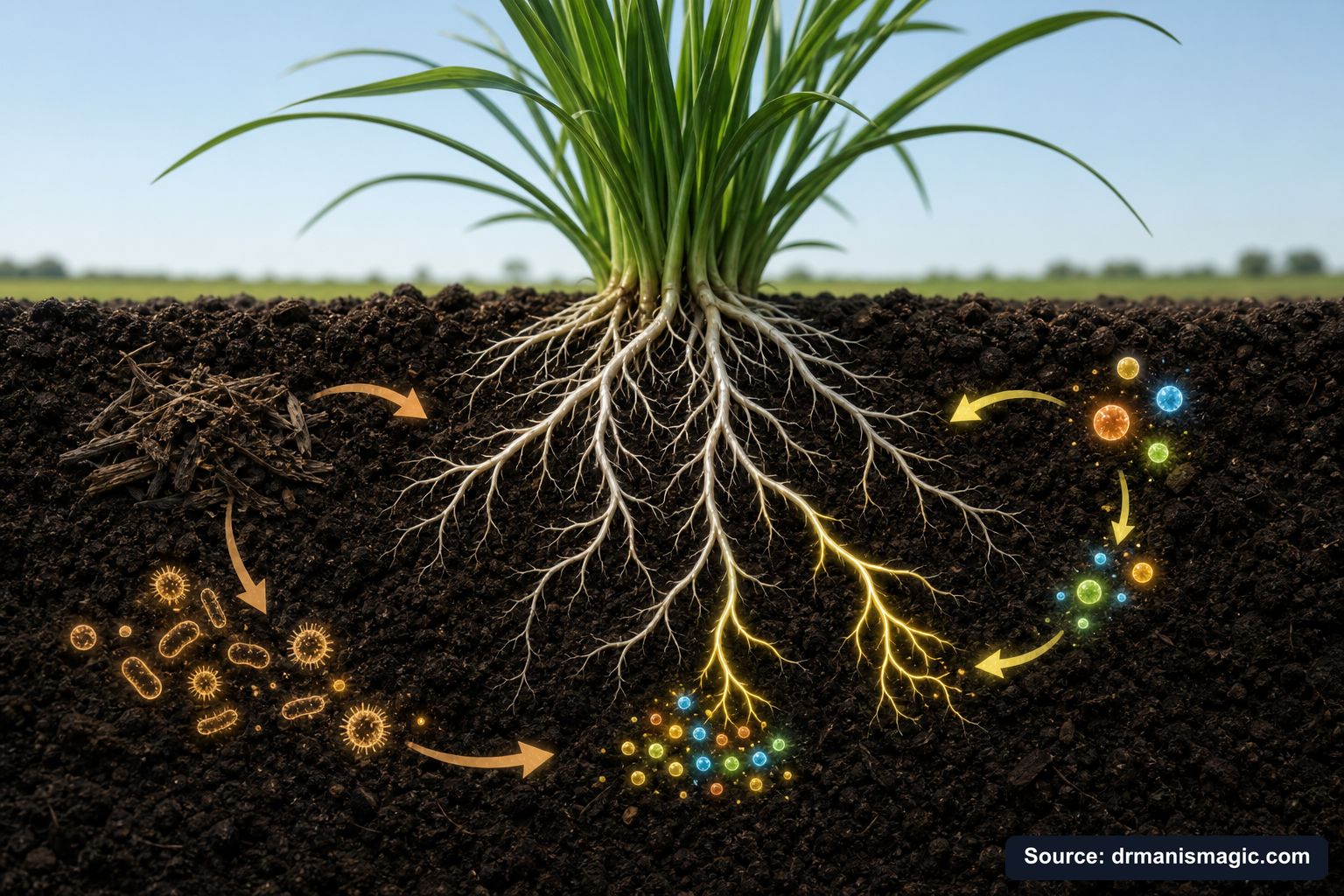 Scientific diagram of the soil nutrient cycle around plant roots