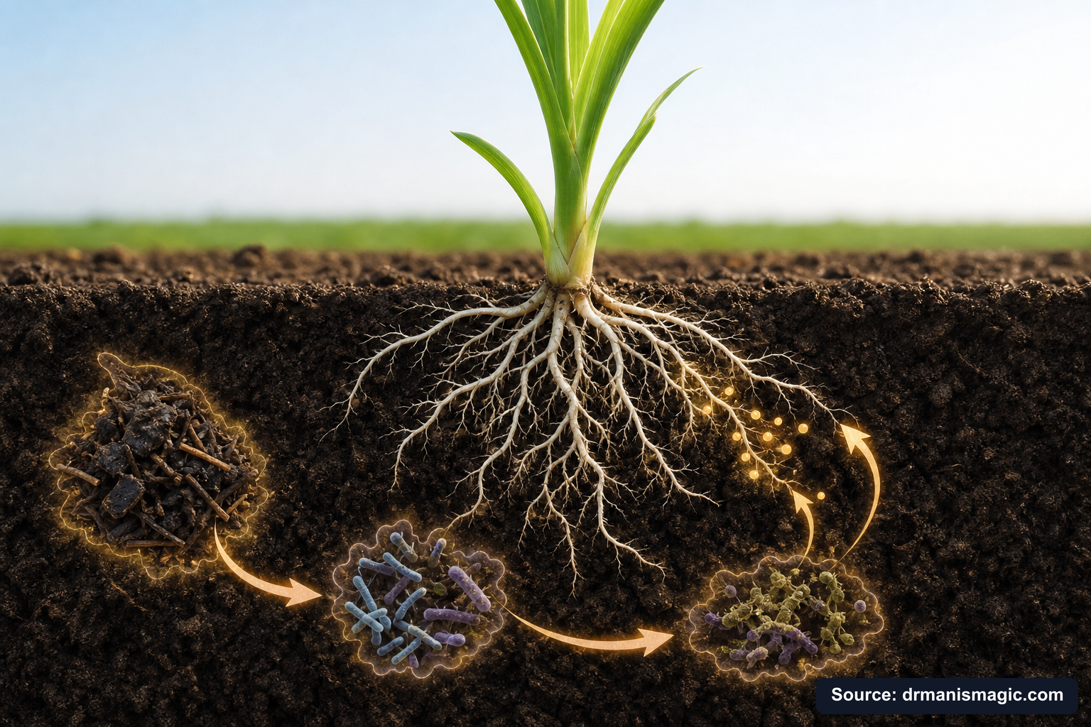 Scientific diagram of the soil nutrient cycle around plant roots