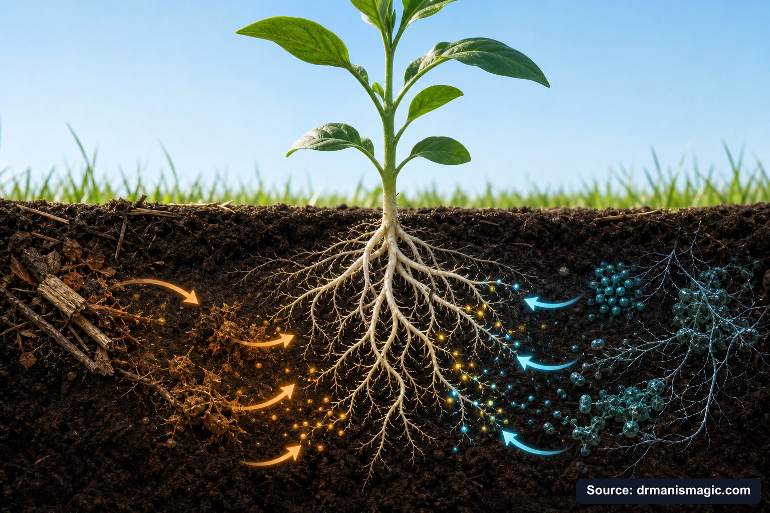 Scientific diagram of the soil nutrient cycle around plant roots