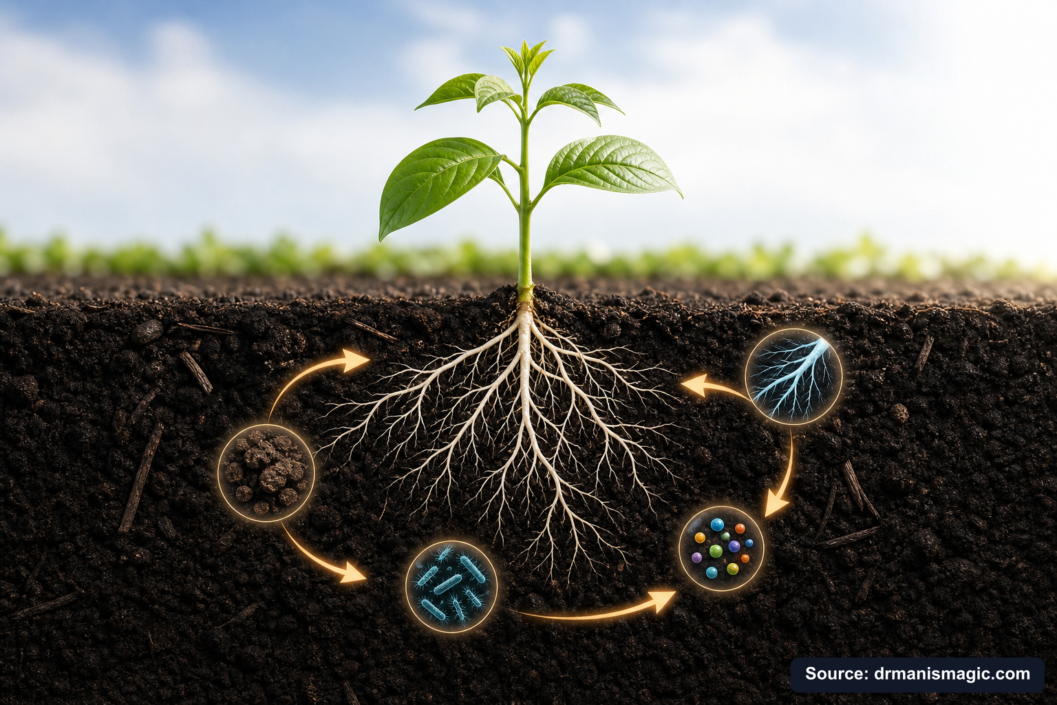 Scientific diagram of the soil nutrient cycle around plant roots