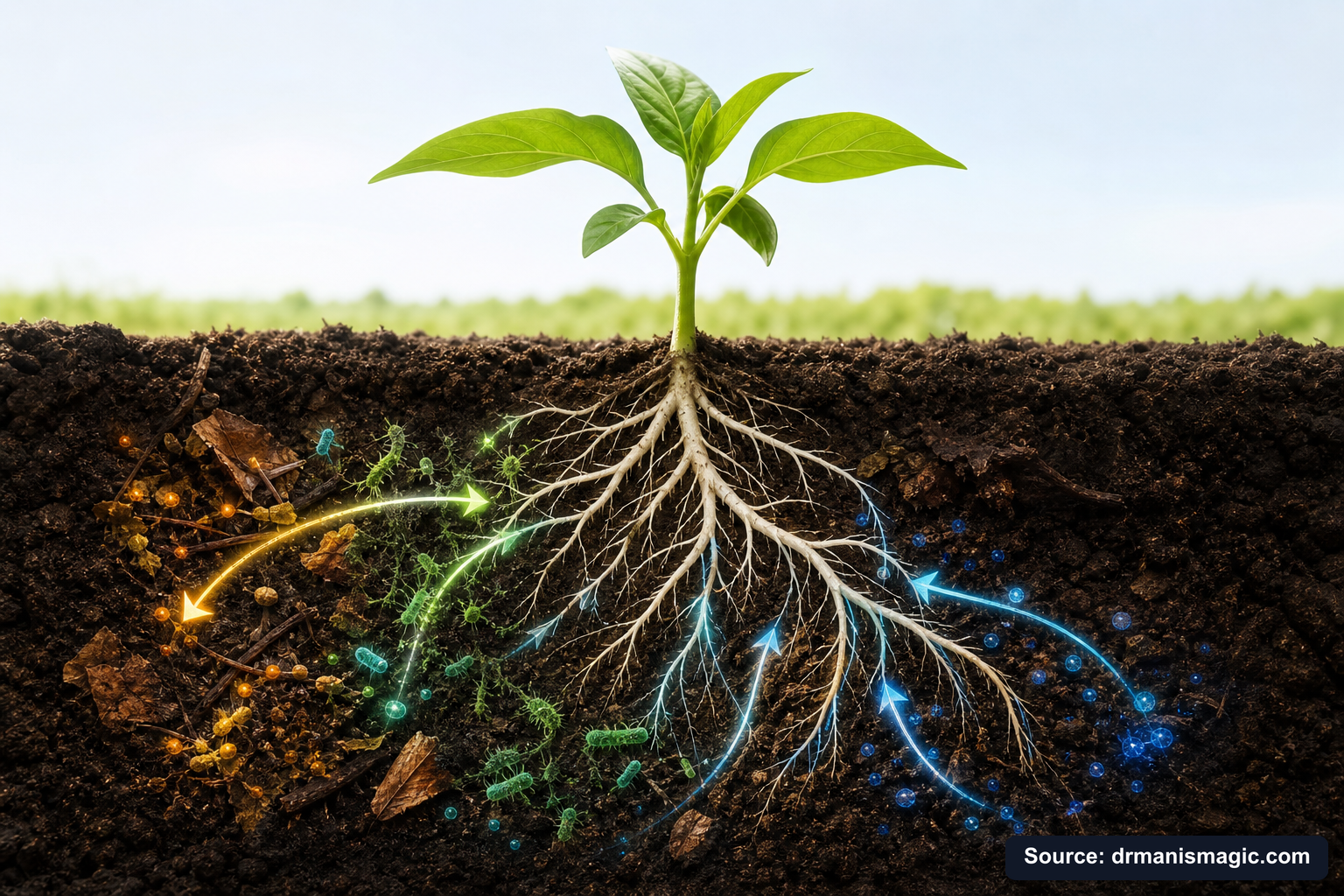 Scientific diagram of the soil nutrient cycle around plant roots