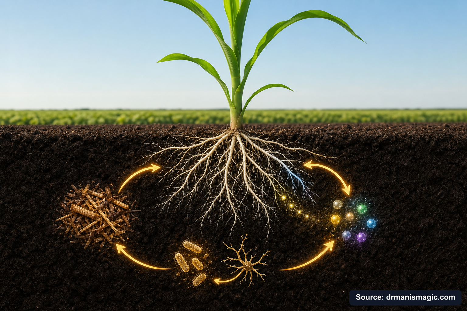 Scientific diagram of the soil nutrient cycle around plant roots