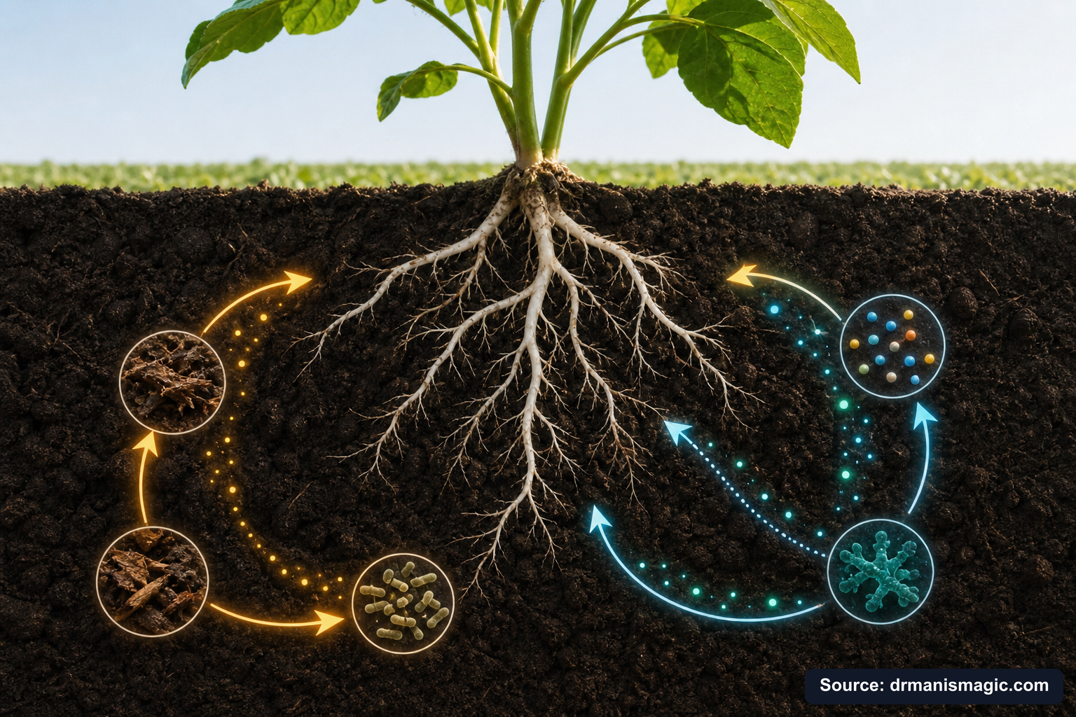 Scientific diagram of the soil nutrient cycle around plant roots