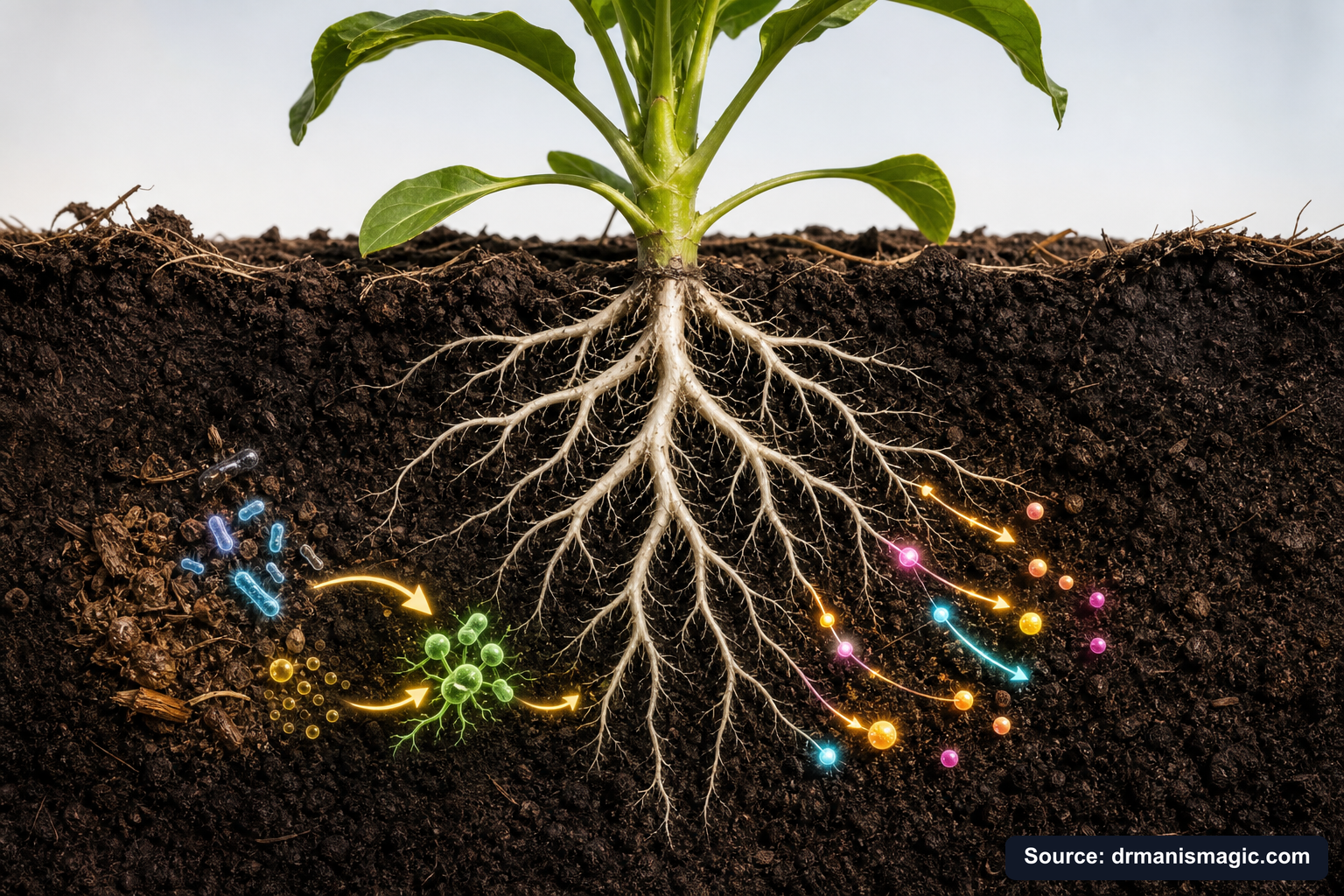 Scientific diagram of the soil nutrient cycle around plant roots