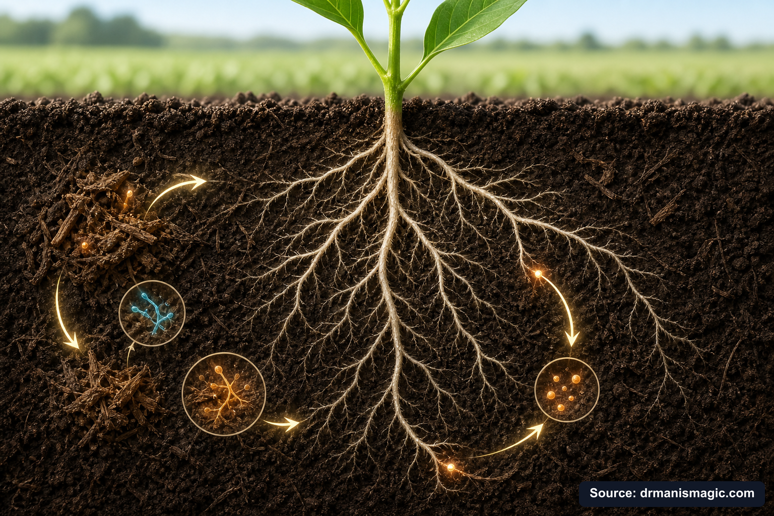 Scientific diagram of the soil nutrient cycle around plant roots