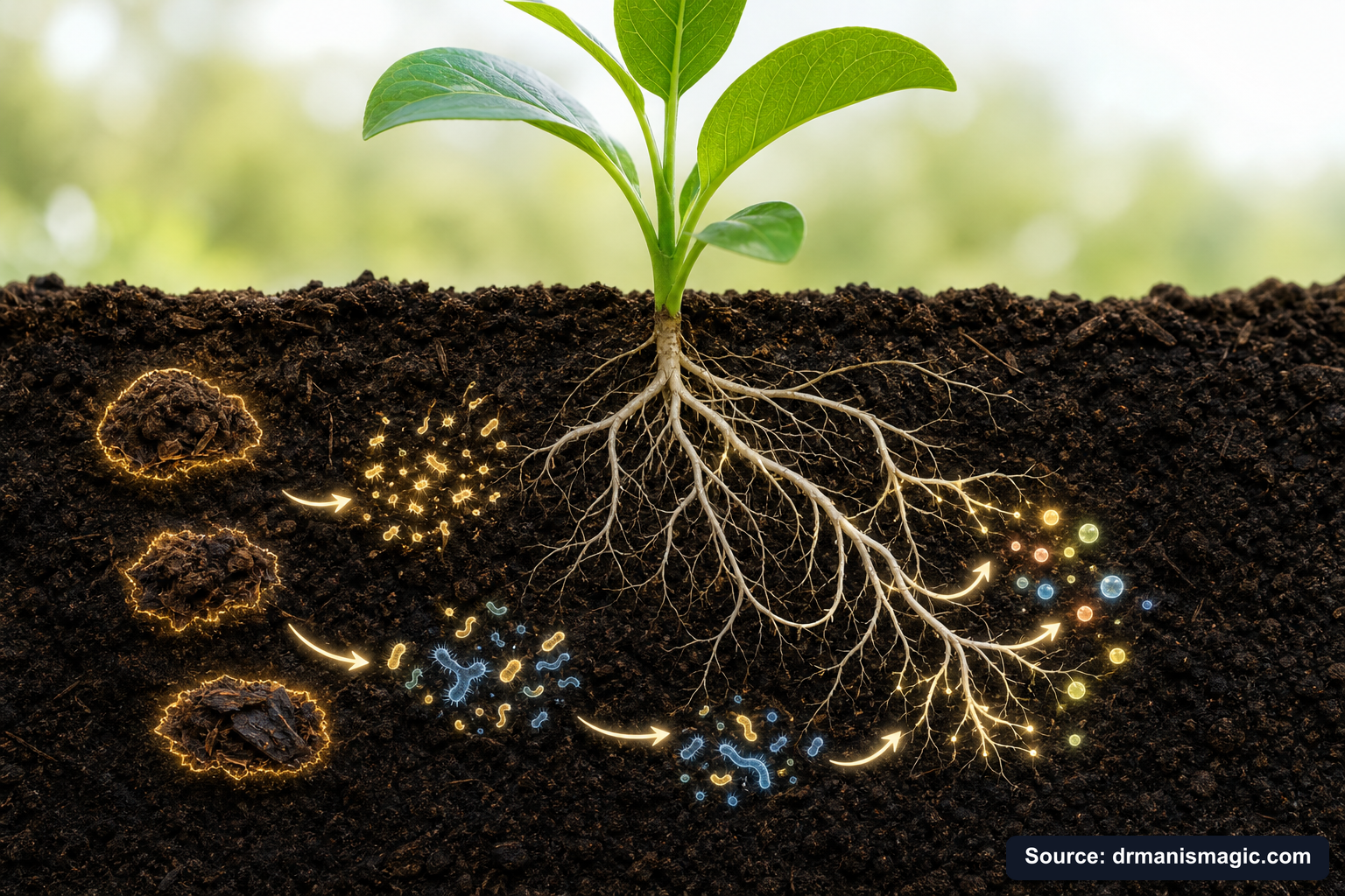 Scientific diagram of the soil nutrient cycle around plant roots