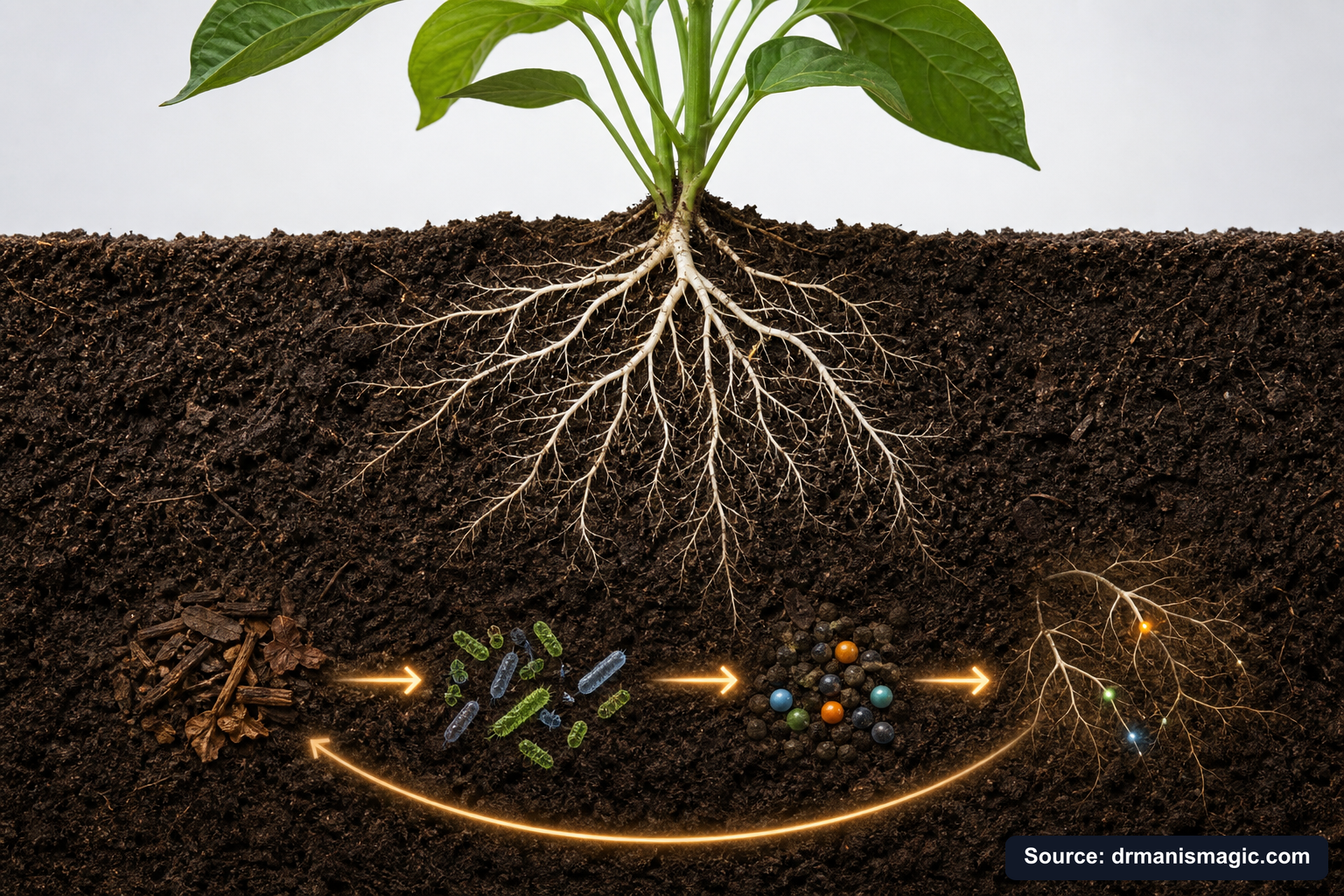 Scientific diagram of the soil nutrient cycle around plant roots