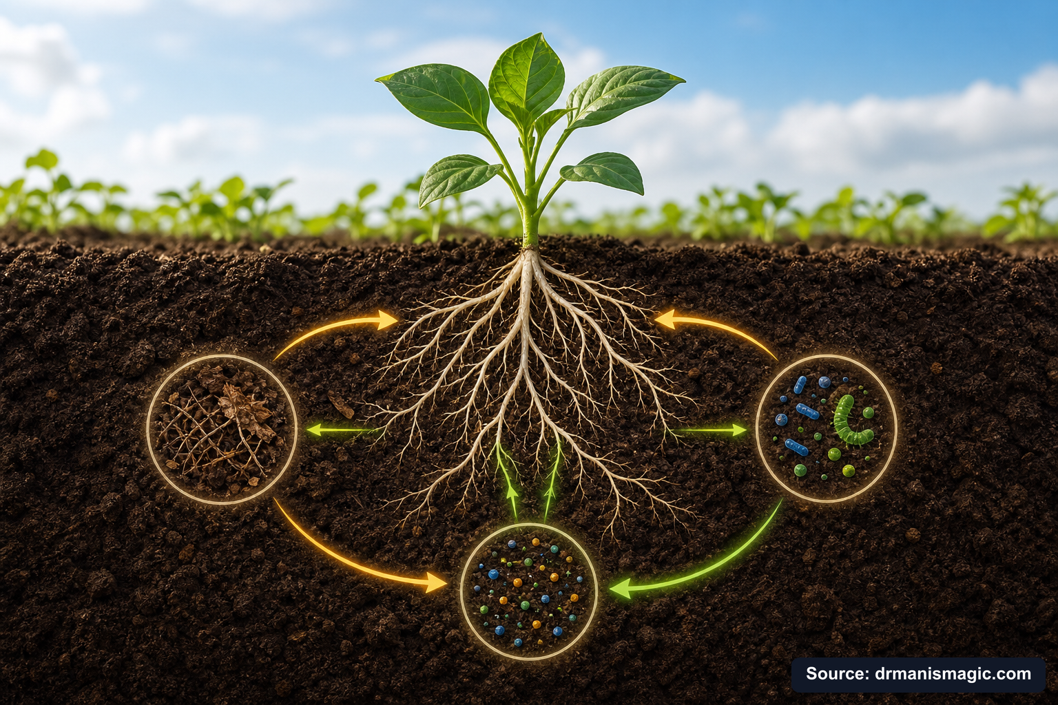 Scientific diagram of the soil nutrient cycle around plant roots