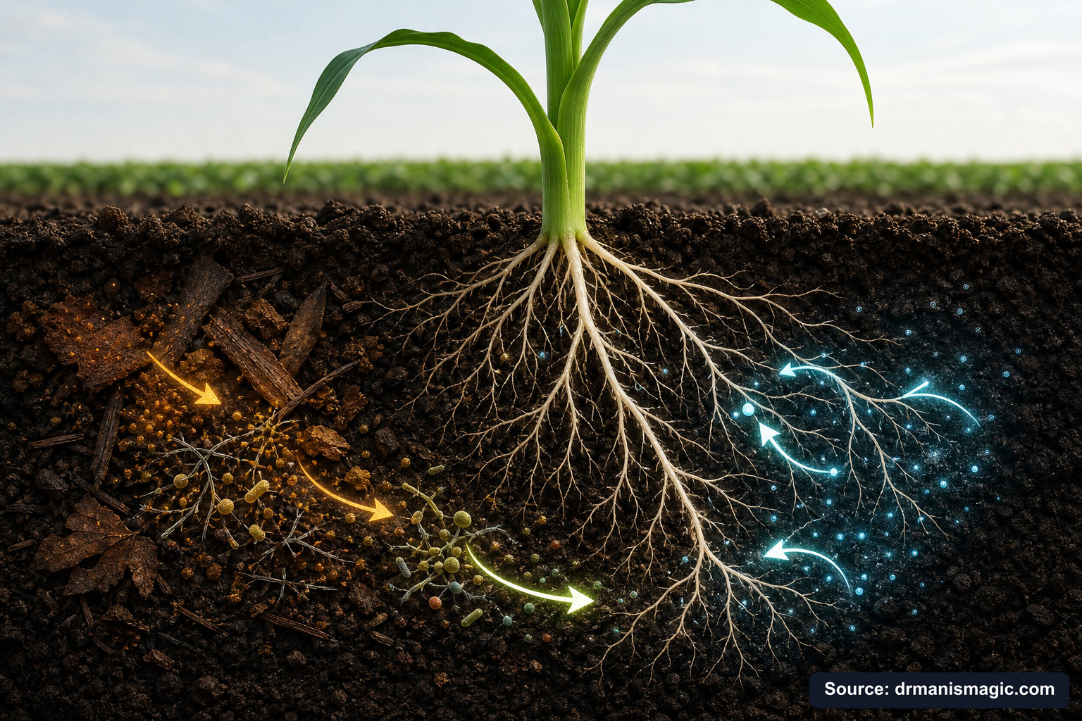 Scientific diagram of the soil nutrient cycle around plant roots